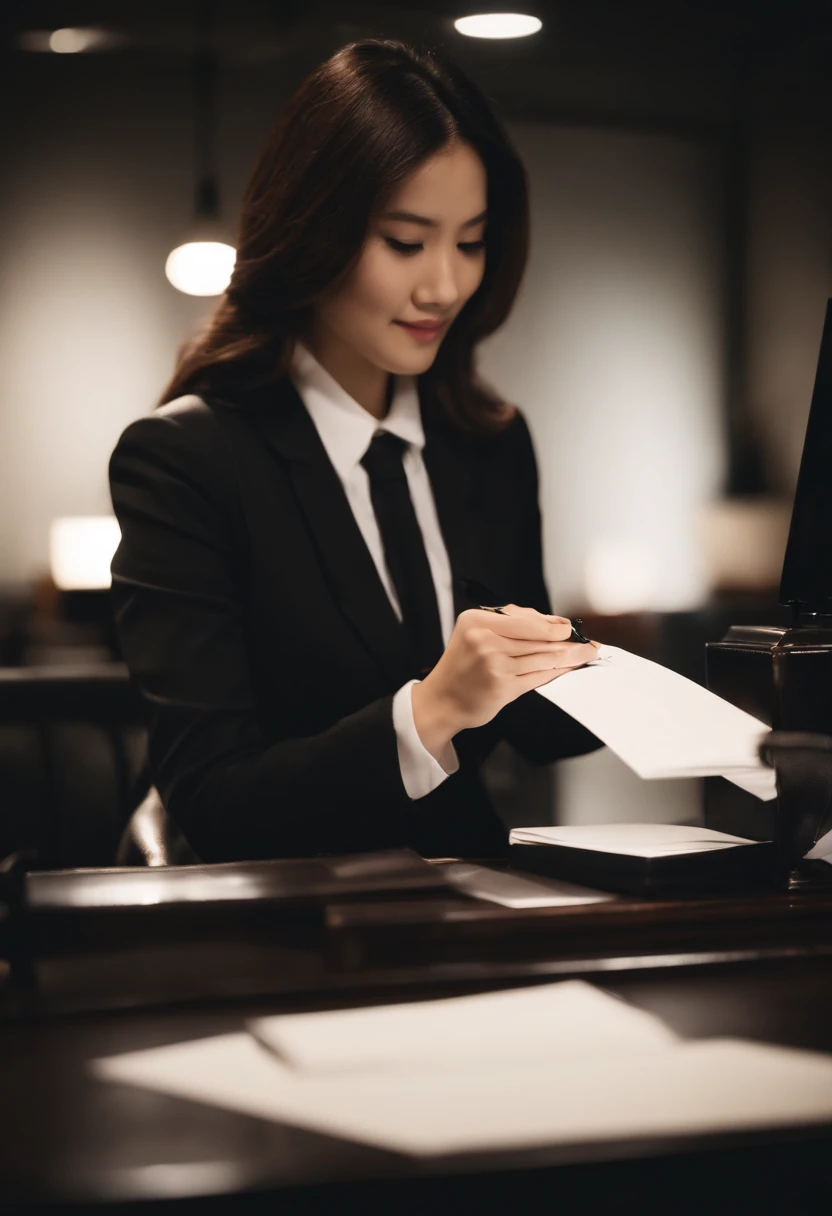 Wearing black leather gloves in both hands, upper body, black business suit, facing the desk in the modern study in the dark, looking down, smiling, writing a letter using a fountain pen, long, straight black hair, young and cute face Japanese female new employee (black leather gloves cover both hands)