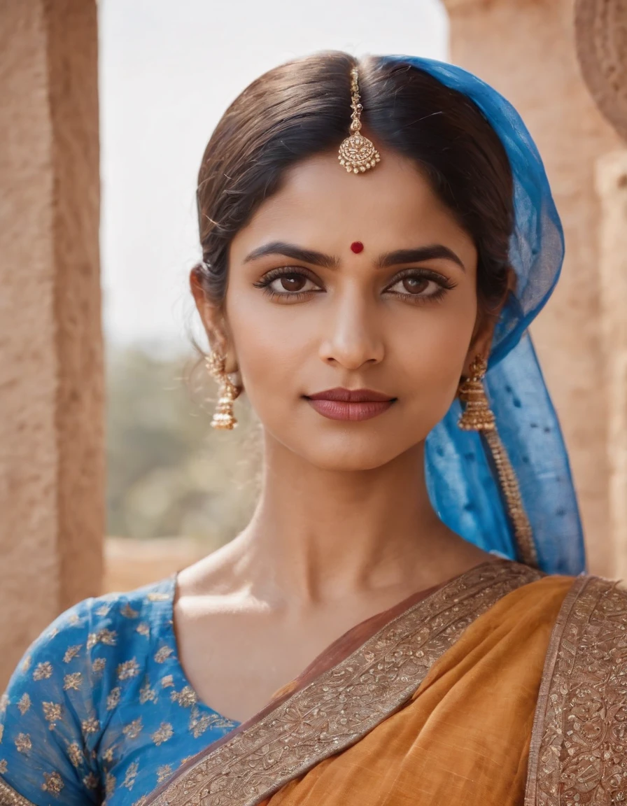 hindu woman in typical Indian dress, blue gate in the background, half-length shot, sunny day, high quality photo,(medium close-up)
