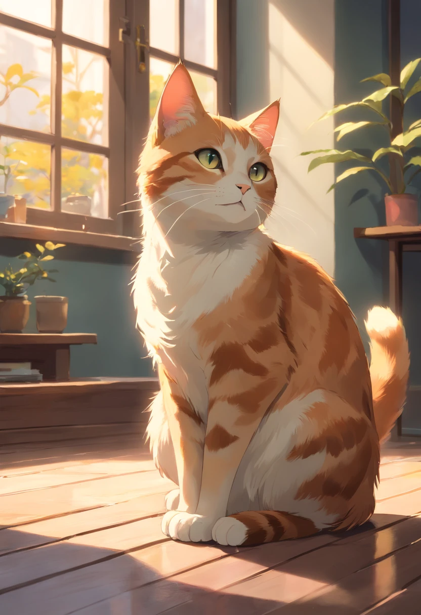 There is a cat sitting on the floor in front of a window - SeaArt AI