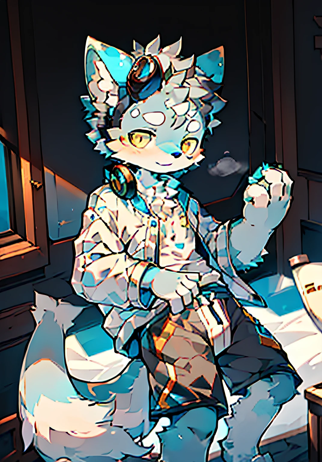 eyes with brightness, full room view, Character focus ,Full body like,独奏,solo person, Correct human anatomy。male people,One blue and one yellow eye,A pair of dragon wings, Gray hair(The long),Wear white ear headphones,There is a pair on the forehead(small)Blue horn fluorescence,There was a boy by his side,In the room,onbed,Take control of the magic,Ice floating all around,grey shorts,pyjamas,Sleepy eyes,Young style,height of one meter seven,Handsome, There is a wolf tail,k hd,8K,1440*2048
