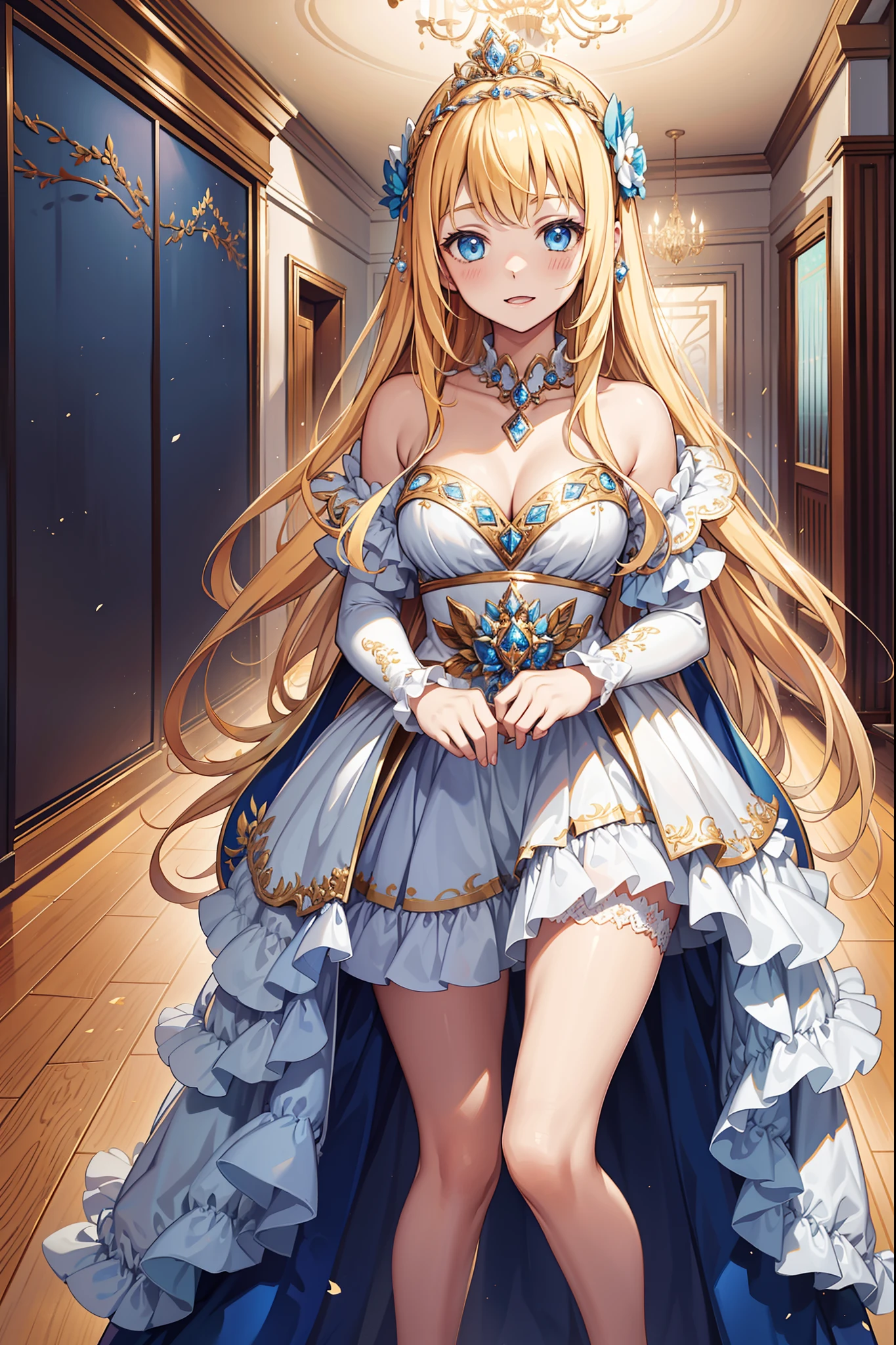 teens girl,Enchanted,divino,Being in love,Seductive pose,(Yellow and white princess dress:1.2),blond hairbl,eBlue eyes,Maximalism,Multiple layers of delicate ruffles,Lots of lace,delicate accessories,Delicate pattern,(exquisite costumes:1.1),Princess Crown,see-through transparent clothes,A small number of dark blue-white patterns,A small amount of lilac cloth,Beautiful detailed face,Bedroom scene in Western mythology,Movie lighting,the night,solo person,(Flowing skirt:1.1),metal decoration,Lace,(Shine:1.2), (Best quality), (Masterpiece:1.2),