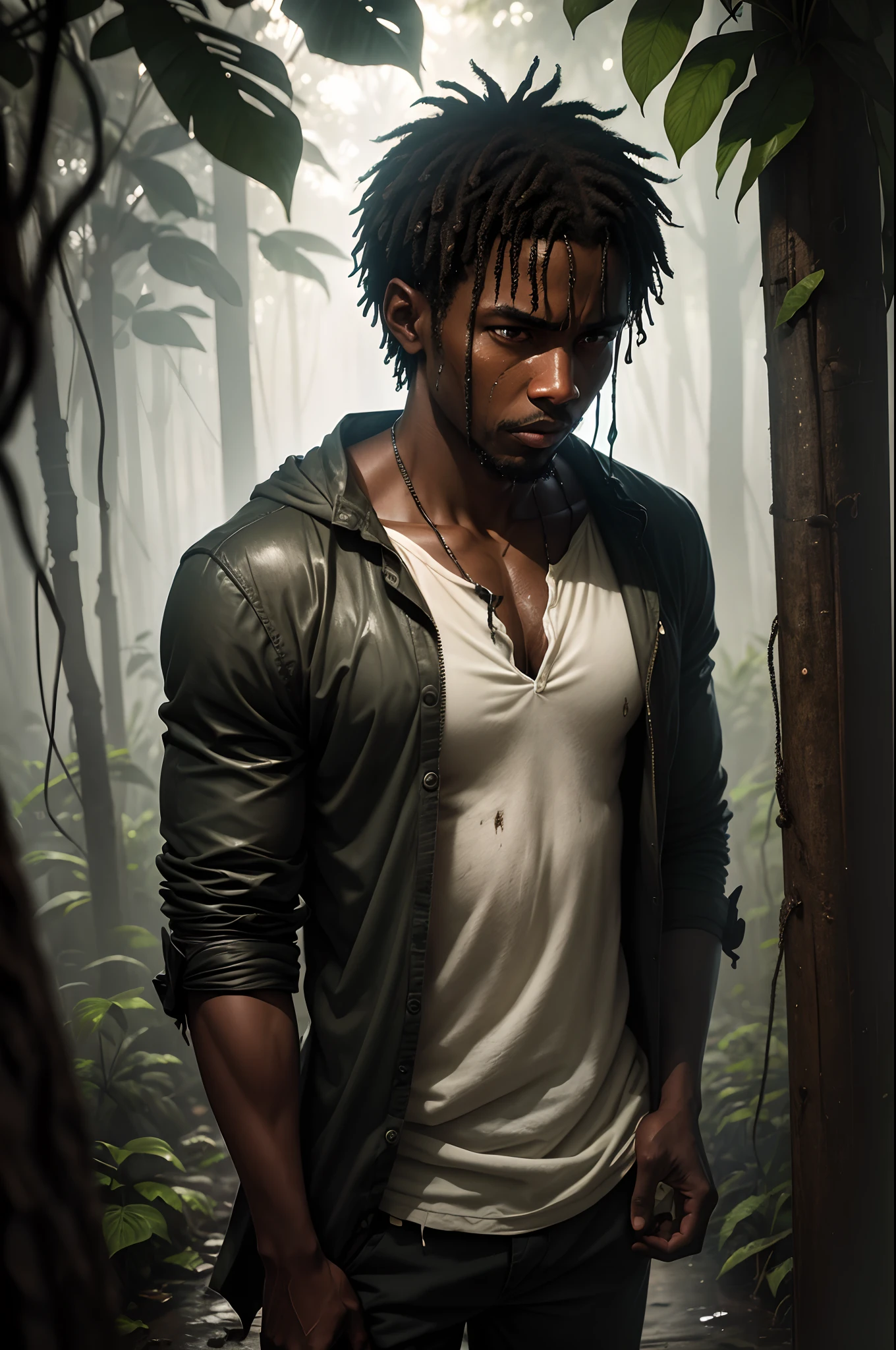 Immerse your viewers into a harrowing scene within a dark and rainy tropical forest, where an African man, dressed in torn and dirty clothes, finds himself lost and scared. The dense foliage surrounds him, dripping with rainwater, as he desperately searches for a way out. The forest is enveloped in darkness, with only faint glimpses of light piercing through the thick canopy above. The man's expression portrays his fear and vulnerability, heightened by the rain pouring down on him. Utilize a medium telephoto lens to capture the man's full body, ensuring his emotions are clearly visible. Pay attention to the details of the torn and dirty cloth, adding to the realism of his situation. Enhance the low-light atmosphere in post-processing, emphasizing the contrast between light and shadow to intensify the sense of fear and isolation