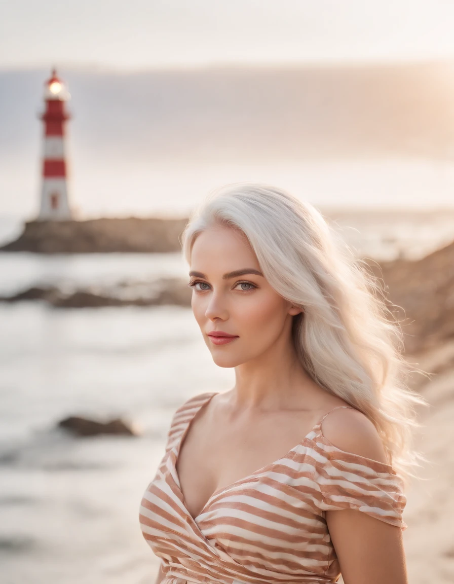 pregnant woman in (dress printed with striped),Coastal beauty,(white hair), (bright eyes, sun-kissed skin, carefree expression),sandy beach background, lighthouse, gentle sea breeze,golden hour lighting, blurred background, rich colors, fine details, hyperrealistic, relaxed atmosphere. natural blurry