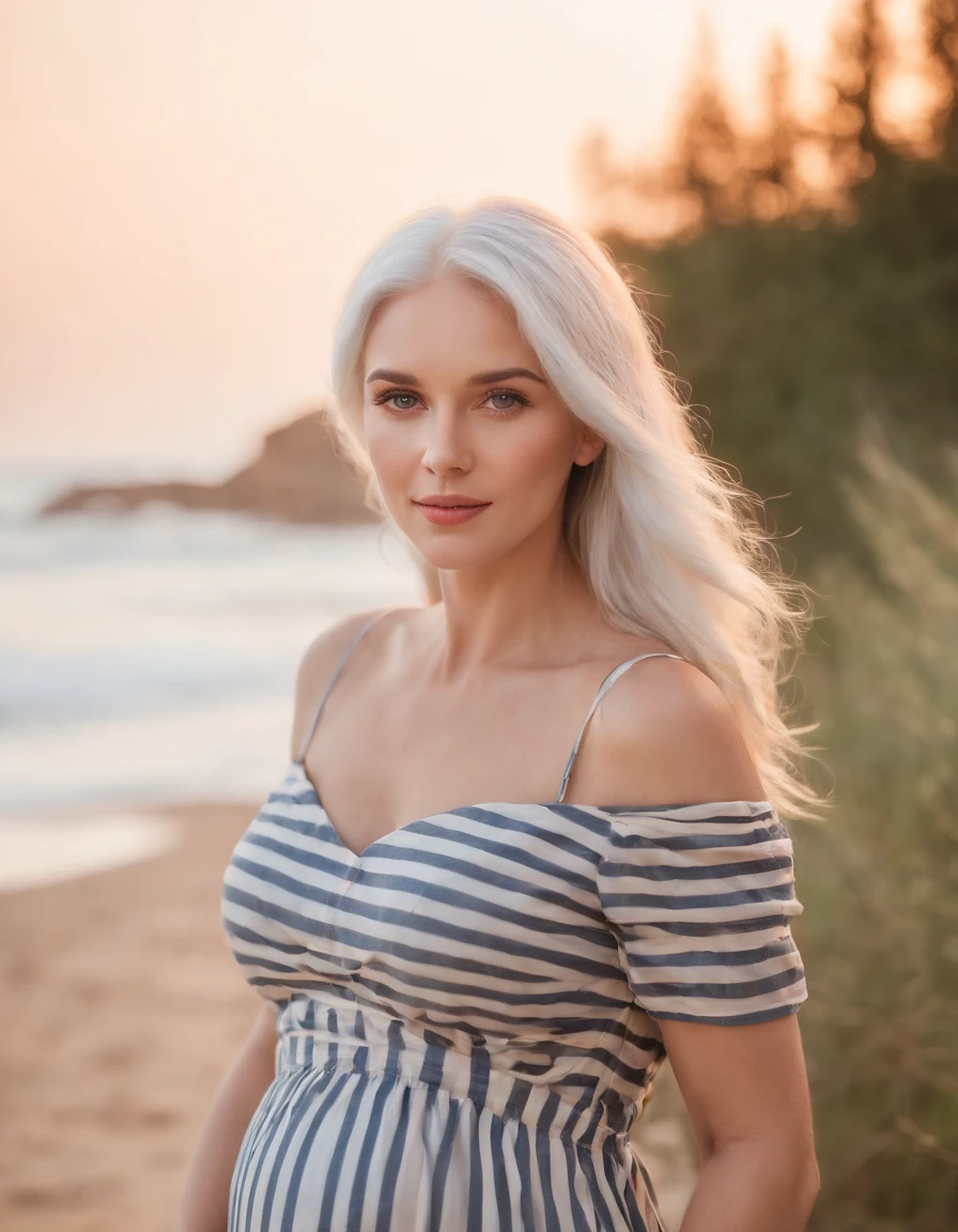 pregnant woman in (dress printed with striped),Coastal beauty,(white hair), (bright eyes, sun-kissed skin, carefree expression),sandy beach background, lighthouse, gentle sea breeze,golden hour lighting, blurred background, rich colors, fine details, hyperrealistic, relaxed atmosphere. natural blurry