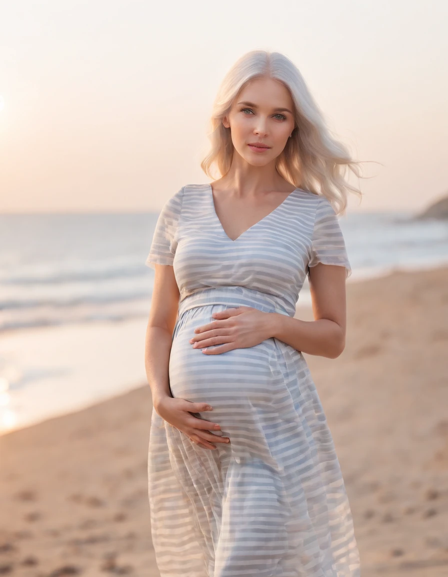 pregnant woman in (dress printed with striped),Coastal beauty,(white hair), (bright eyes, sun-kissed skin, carefree expression),sandy beach background, lighthouse, gentle sea breeze,golden hour lighting, blurred background, rich colors, fine details, hyperrealistic, relaxed atmosphere. natural blurry