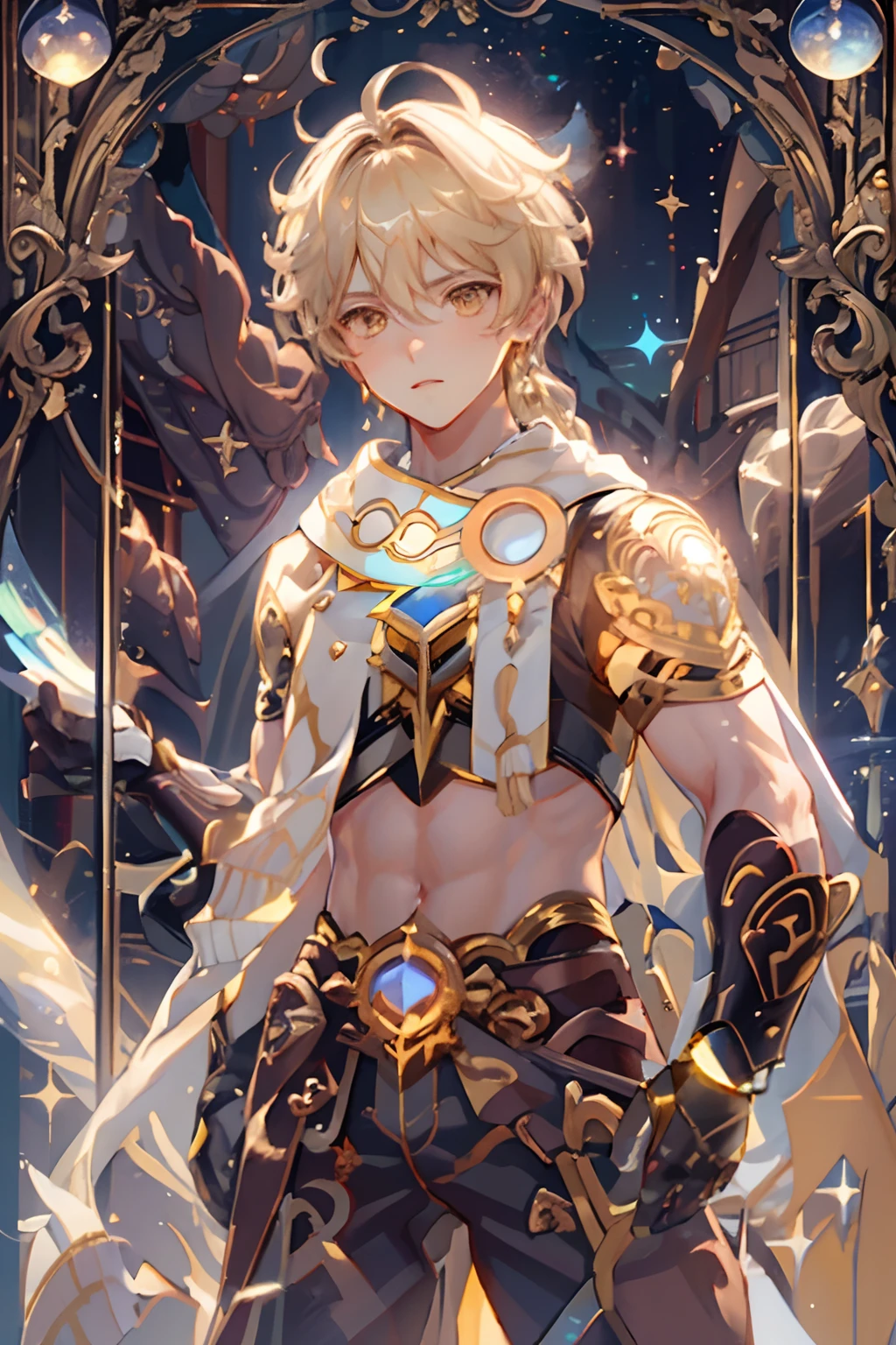 1 boy young man male solo, blond hair with braid, yellow eyes, white scarf with gold details, brown short top, bare belly, wide brown harem pants, high brown boots with golden details, brown gloves, iridescent light, glowing rainbow crystals, sparkles, stars, floating in space, dark background with stars and galaxies, fullbody