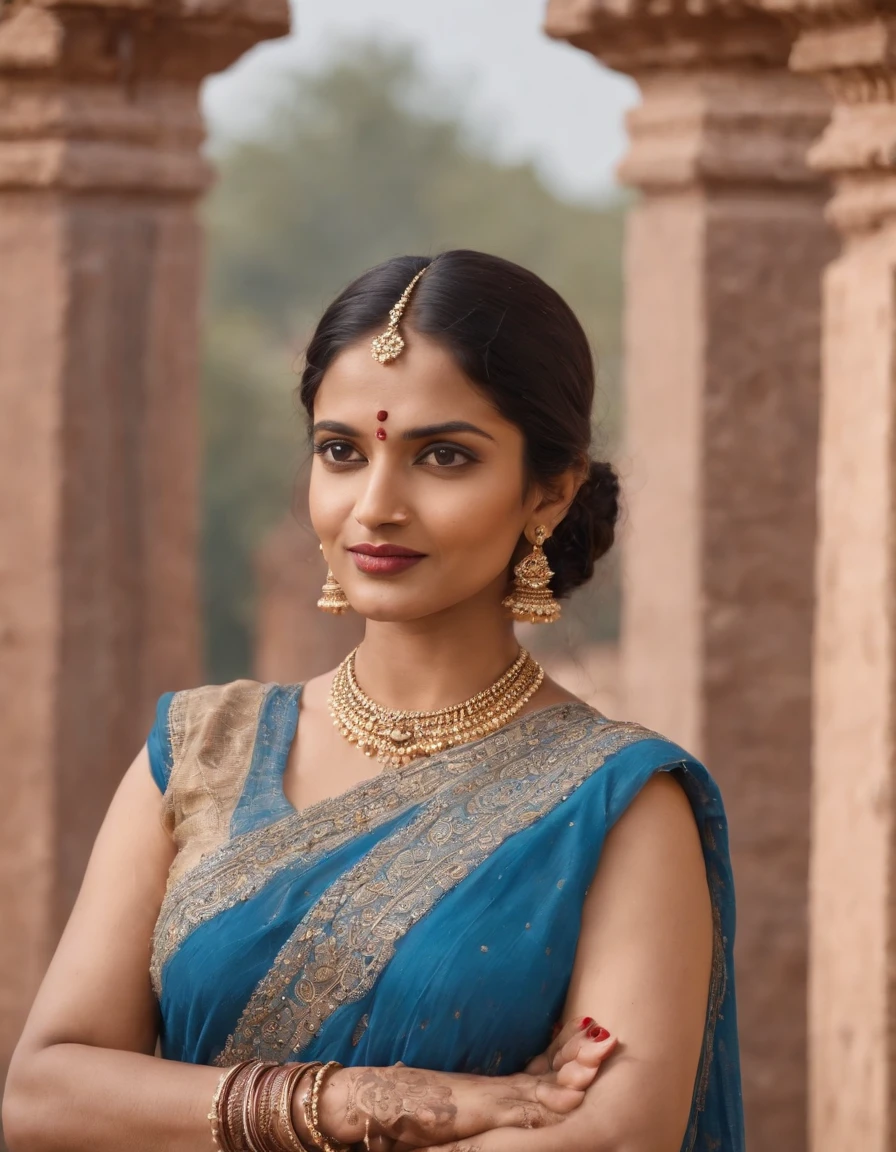 hindu woman in typical Indian dress, blue gate in the background, half-length shot, sunny day, high quality photo,(medium shot)