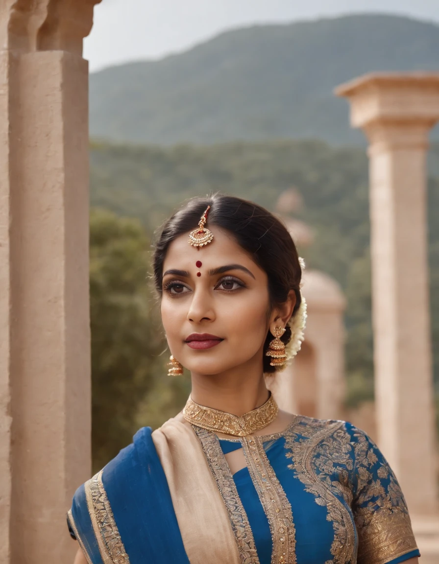 hindu woman in typical Indian dress, blue gate in the background, half-length shot, sunny day, high quality photo,(medium shot)
