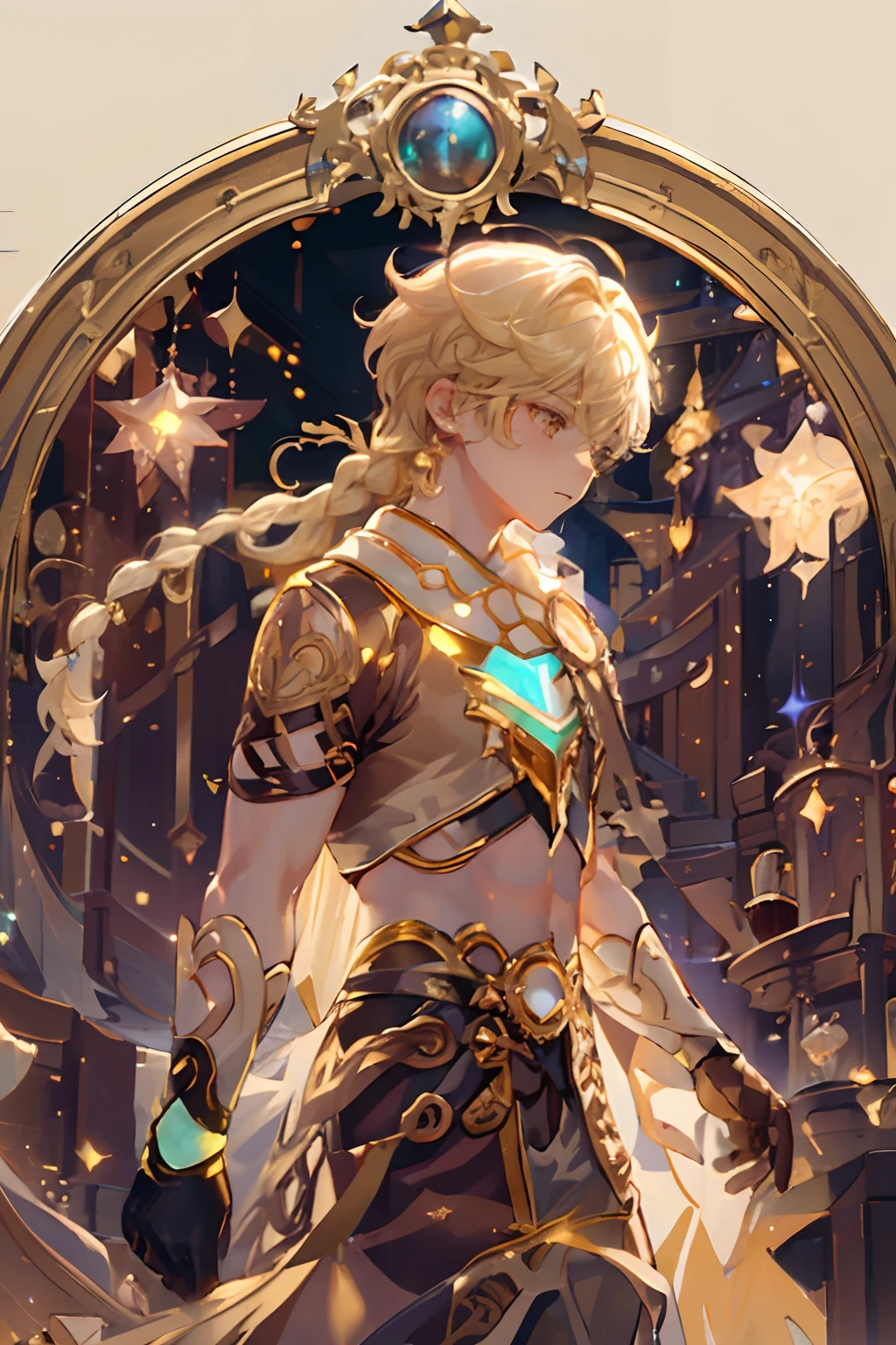 1 boy young man male solo, blond hair with braid, yellow eyes, white scarf with gold details, brown short top, bare belly, ((wide brown harem pants)), high brown boots with golden details, brown gloves, iridescent light, glowing rainbow crystals, sparkles, stars, floating in space, dark background with stars and galaxies, fullbody