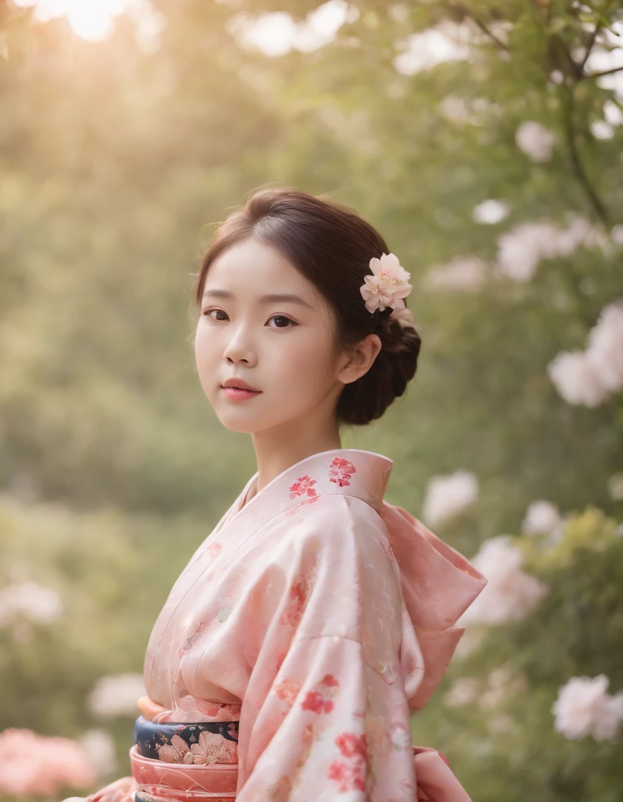 Japan kimono, Kawaii aesthetic style, New Pop Meadows, Put the flowers in your nose and smell, Blush, Fair skin, cheerfulness, 7 year old girl,upper body
