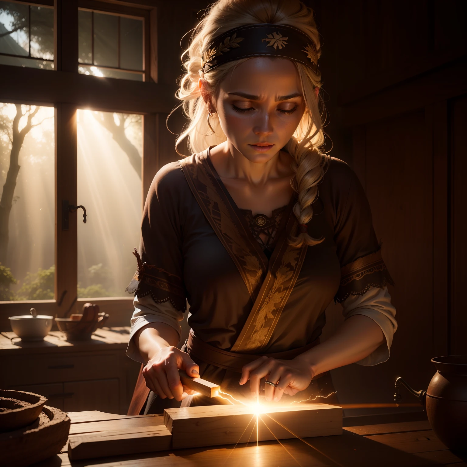 A woman carving a dark wood, realistic, hd, detailed, sun rays, sidelightning, dust, cinematic, workshop, headband