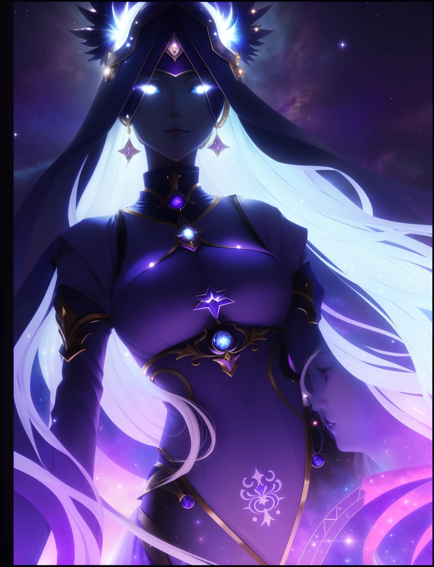 anime girl with long white hair and blue eyes in a purple space, portrait knights of zodiac girl, goddess of space and time, knights of zodiac girl, goddess of galaxies, beautiful celestial mage, albedo from the anime overlord, ((a beautiful fantasy empress)), the sailor galaxia. beautiful, queen and ruler of the universe, portrait of a cosmic goddess