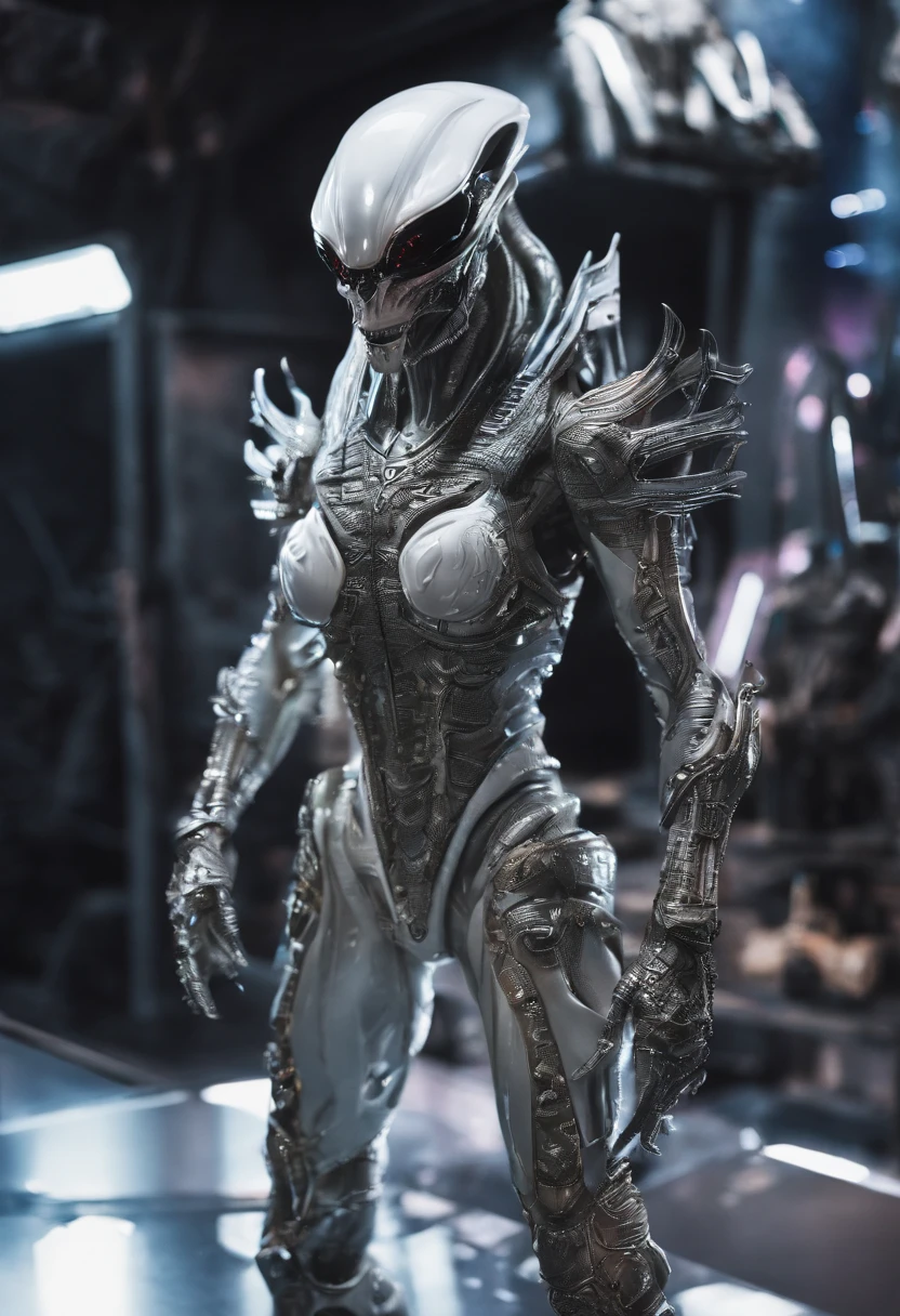 Alien Predator，full bodyesbian，Silver-white scaly armor，high - tech，Laser eye