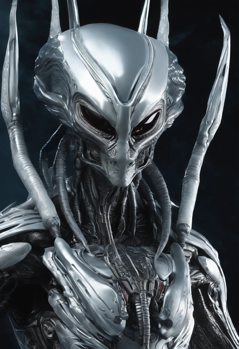 Alien Predator，full bodyesbian，Silver-white scaly armor，high - tech，Laser eye