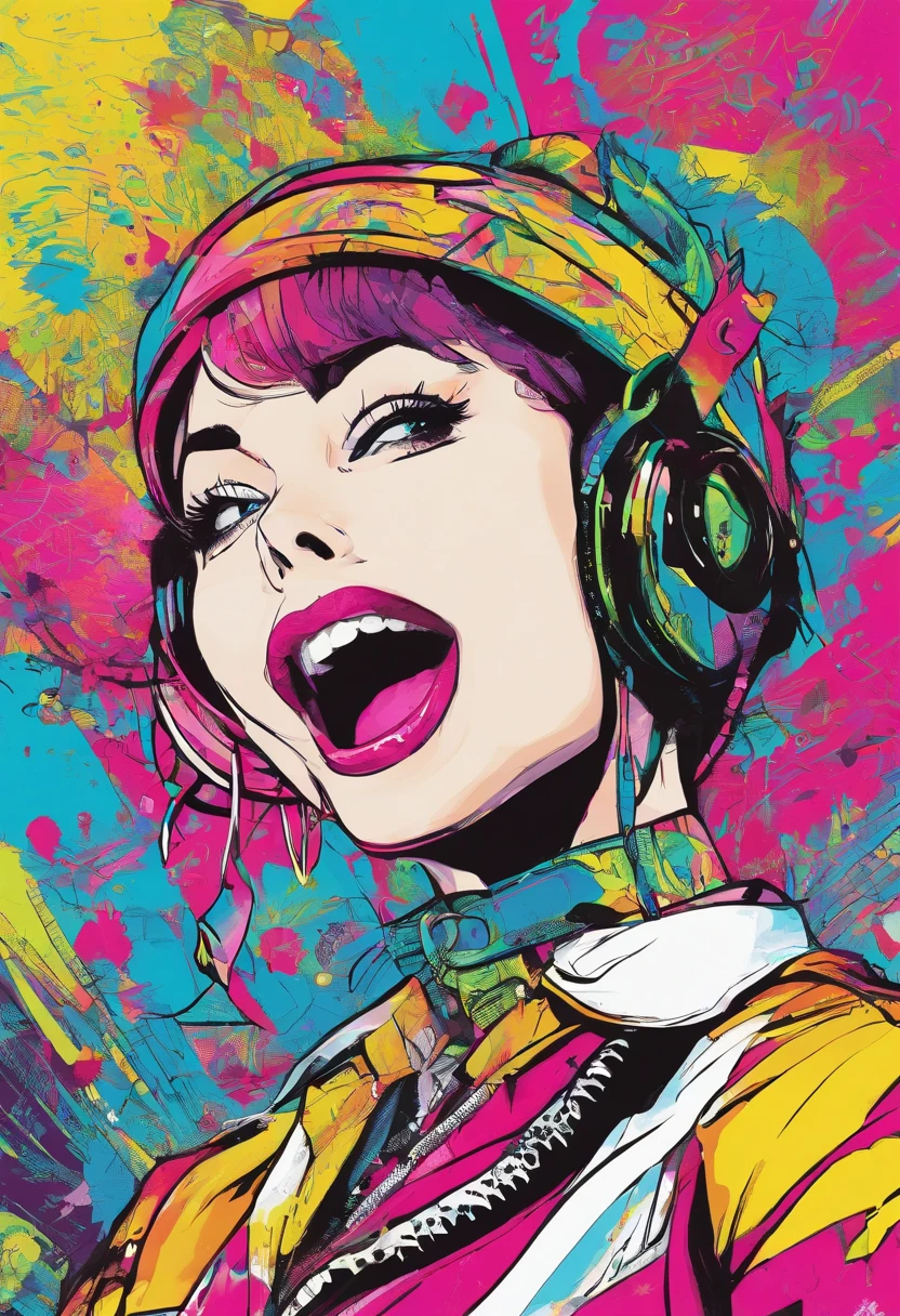 Drawing of a girl with a big mouth open, 12year old、She's shouting something、Trending in art stations, dressed in punk clothing,Twin-tailed、 Detailed, hyper realistic rendering, British gang member, Street style, Fashion clothes, Urban Samurai, West Slavic traits, 8 1 5, animations