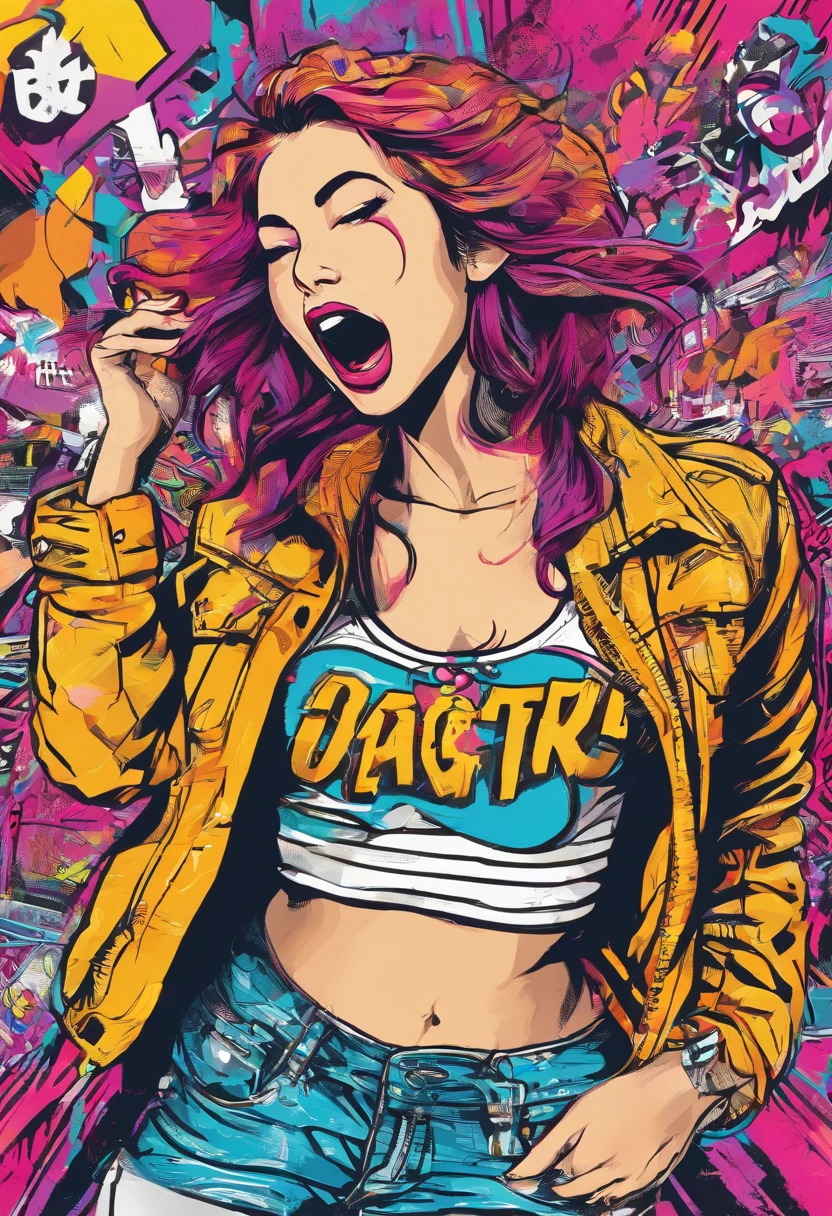Drawing of a girl with a big mouth open, 12year old、She's shouting something、Trending in art stations, dressed in punk clothing,Twin-tailed、 Detailed, hyper realistic rendering, British gang member, Street style,  Fashion clothes, Urban Samurai, West Slavic traits, 8 1 5, animations