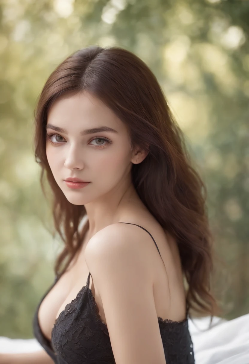 master piece, best quality, 1girl, (colorful), (finely Detailed beautiful eyes and detailed face), cinematic lighting, extremely detailed CG unity 8k, power_csm, medium shot, brunet hair, yellow eyes, blushing, beautiful girl, full body shot, long brunet hair, cleveage, visible bellybutton, perfect body, lying on the bed, slender, thin, legs, sexy,