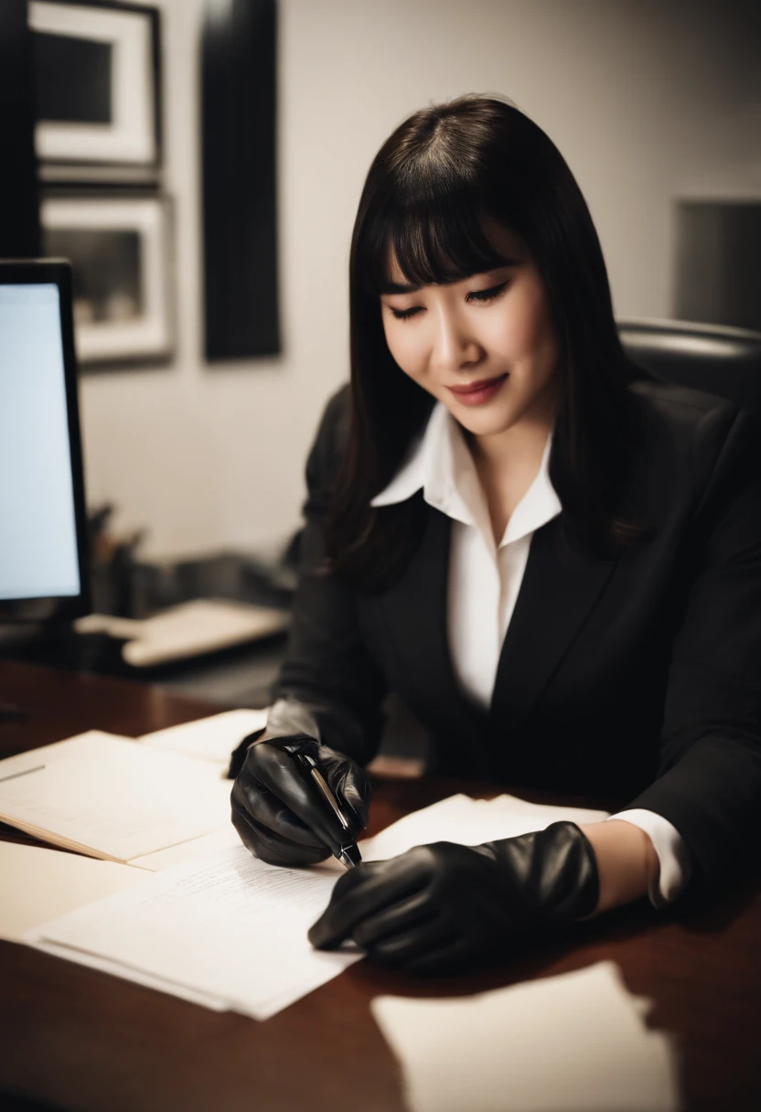 Wearing black leather gloves in both hands, upper body, black business suit, facing the desk in the modern study in the dark, looking down, smiling, writing a letter using a fountain pen, long, straight black hair, young and cute face Japanese female new employee (black leather gloves cover both hands)