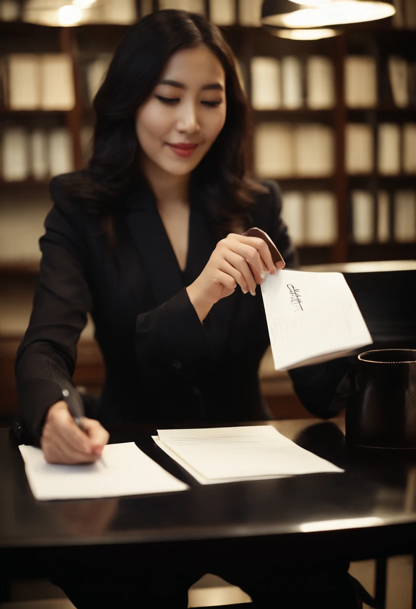 Wearing black leather gloves in both hands, upper body, black business suit, facing the desk in the modern study in the dark, looking down, smiling, writing a letter using a fountain pen, long, straight black hair, young and cute face Japanese female new employee (black leather gloves cover both hands)