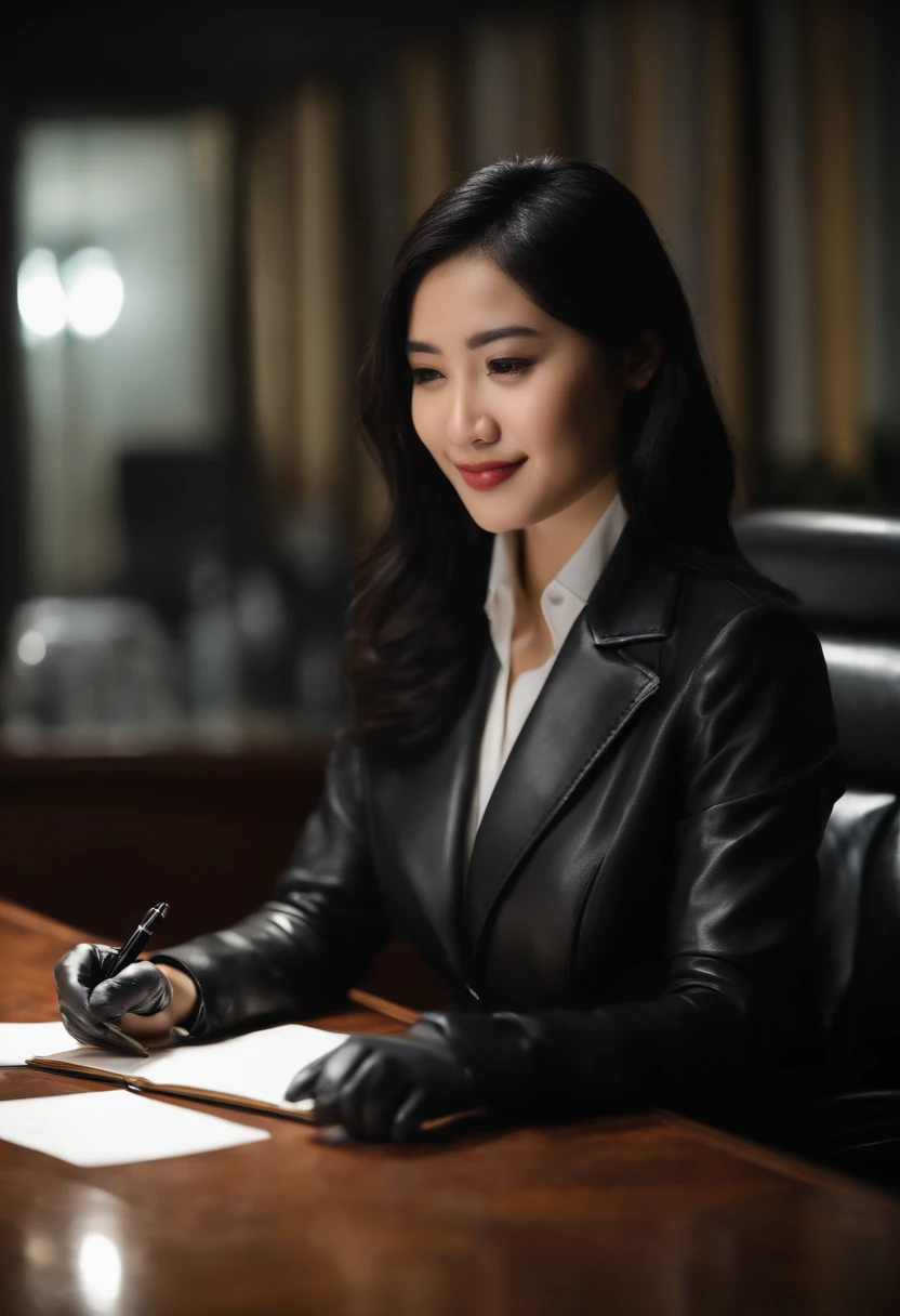 Wearing black leather gloves in both hands, upper body, black business suit, facing the desk in the modern study in the dark, looking down, smiling, writing a letter using a fountain pen, long, straight black hair, young and cute face Japanese female new employee (black leather gloves cover both hands)