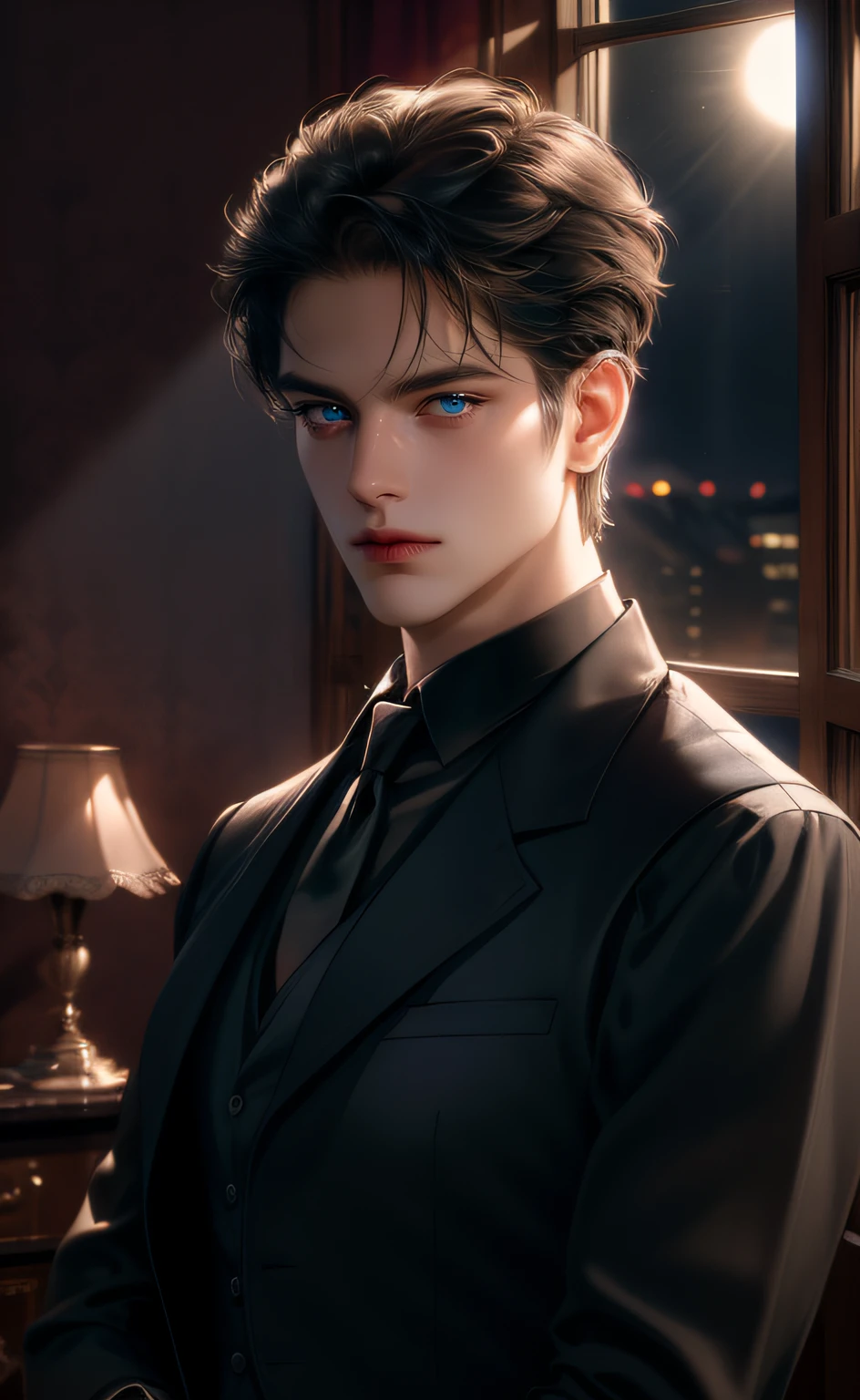 (masterpiece,best quality,ultra_detailed,highres,absurdres, detailed light, detailed shadow),1 ((mature)) male, ((mature face)) 30-ish, (board shoulder), (muscular), male focus, solo, black hair (no highlight), chain, shirt, black necktie, necktie, simple background, blue eyes, full body shot (head to toe),  vest, short hair (bangs part in 3:7 ratio), looking at viewer, parted lips, collared shirt, round eyewear, long sleeves, black shirt, he stands next to the window, bedroom background, night time, night light, black vest, monocle, jewelry, dutch angle, detailed background.