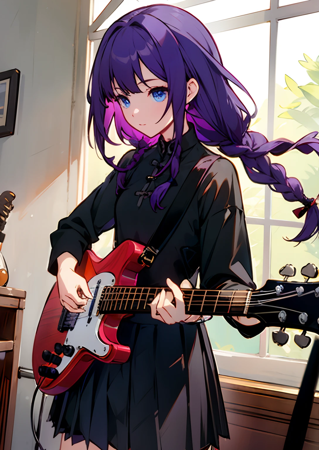 ((masterpiece, best quality)) 1 girl, solo, black dress, blue eyes, electric guitar, guitar, tai nghe, hold, holding the pluck pad;, musical instrument, long hair, , music, side, purple hair, two braids, Play guitar, pleated skirt, black shirt, indoors