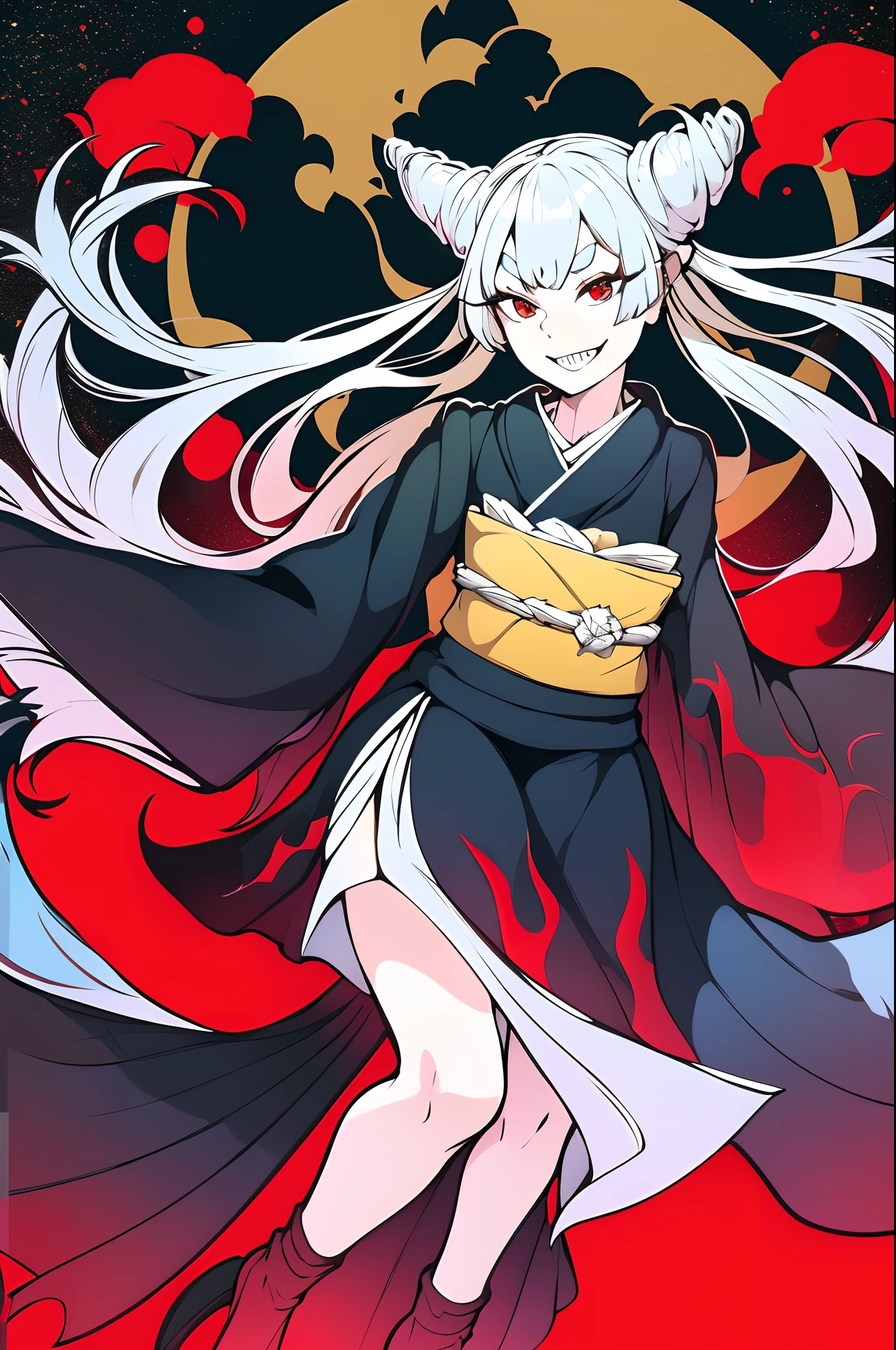 Urara ayashimon, silver hair, horns hair, red eyes, ****, black kimono, sharpteeth, smug, smile, full body, flipflops,