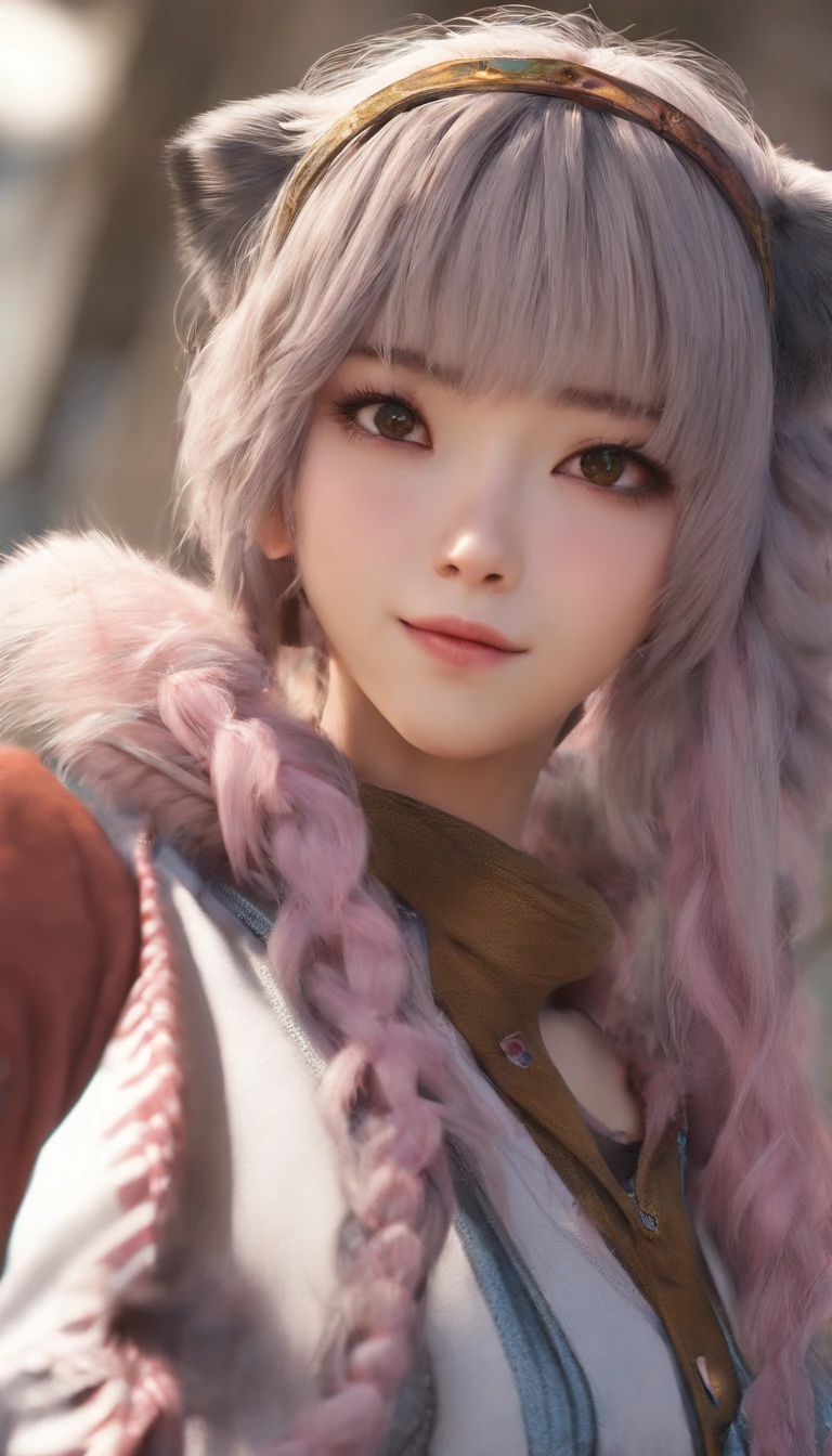 Striped hair, Drill Hair, cat hair ornament, Mole under the eyes, Seductive smile, excited, cubismo, Cinematic lighting, film grains, hyper HD, Textured skin, high details, 4K,Sexy body,Sexy Girl,Asian々