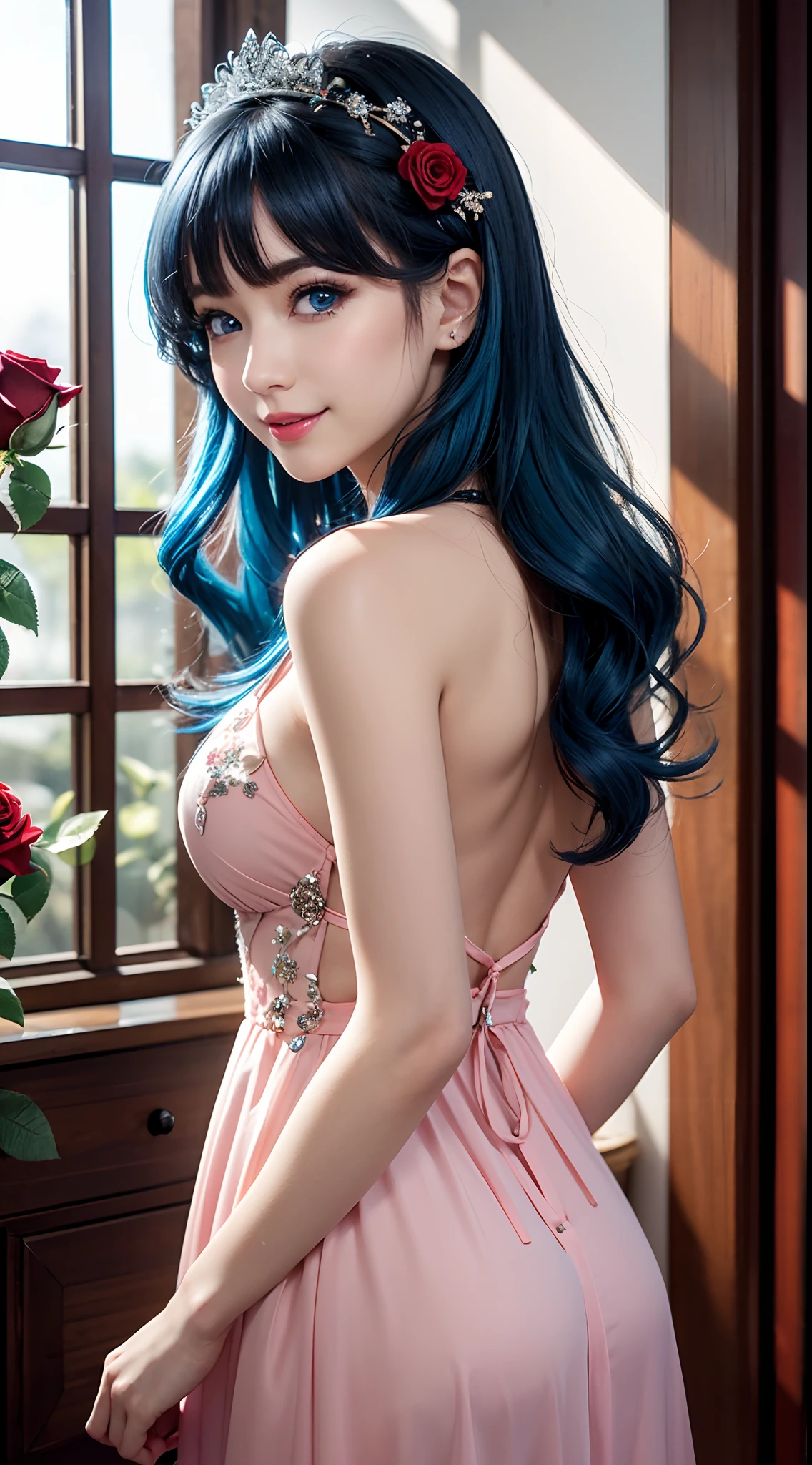 (Best quality,16k,A high resolution),Ultra-detailed,Realistic:1.37,Blue wavy hair，Bright hair,(Blue eyes,Reflective pupils),Pink plump lips,seduct smile,(Decorate the dress with roses),Fair complexion