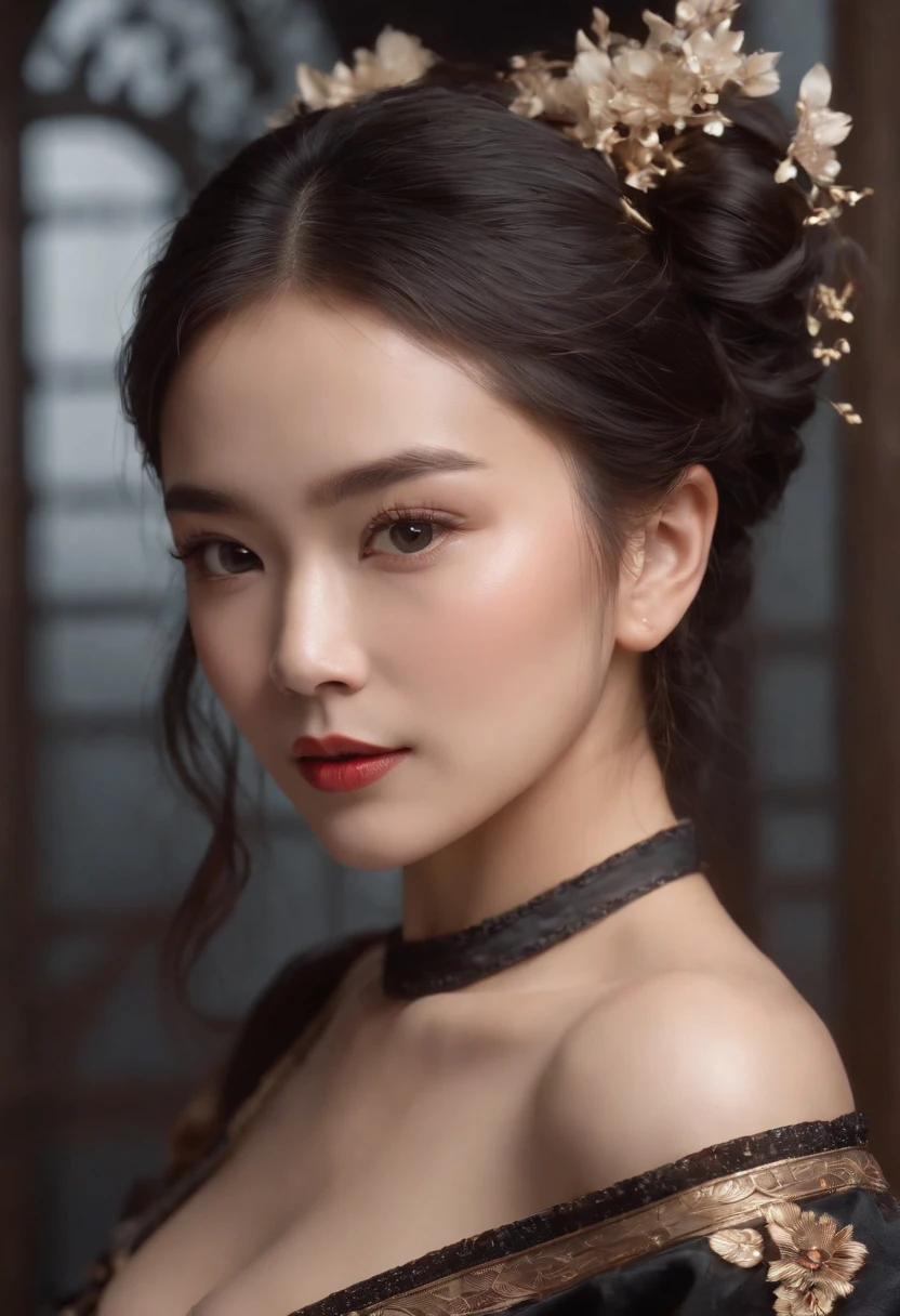 ( (8K:1.27), Best Quality, Masterpiece, Ultra High Resolution:1.2) Photo Beautiful Chinese Woman (Beauty:1.1) (Black:1.21) Gregg Rutkowski and Alphonse Mucha design intricate elegance, fantasy, detail, geometry, gradient lighting, 1girl, delicate skin, looking at the viewer, brown eyes, (fashion hairstyle: 1.2), (medium breasts: 1.0), (medium areola: 0.8), (Photorealistic:1.4), (Best Quality:1.0), (Ultra High Resolution:1.0), 8K, RAW Photo, (Masterpiece:0.2), (pureerosface_v1:0.5)