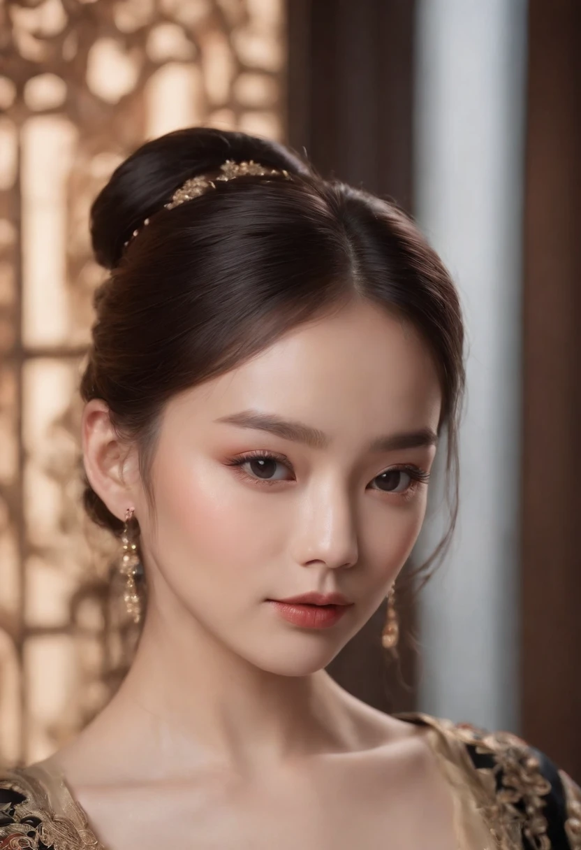 ( (8K:1.27), Best Quality, Masterpiece, Ultra High Resolution:1.2) Photo Beautiful Chinese Woman (Beauty:1.1) (Black:1.21) Gregg Rutkowski and Alphonse Mucha design intricate elegance, fantasy, detail, geometry, gradient lighting, 1girl, delicate skin, looking at the viewer, brown eyes, (fashion hairstyle: 1.2), (medium breasts: 1.0), (medium areola: 0.8), (Photorealistic:1.4), (Best Quality:1.0), (Ultra High Resolution:1.0), 8K, RAW Photo, (Masterpiece:0.2), (pureerosface_v1:0.5)