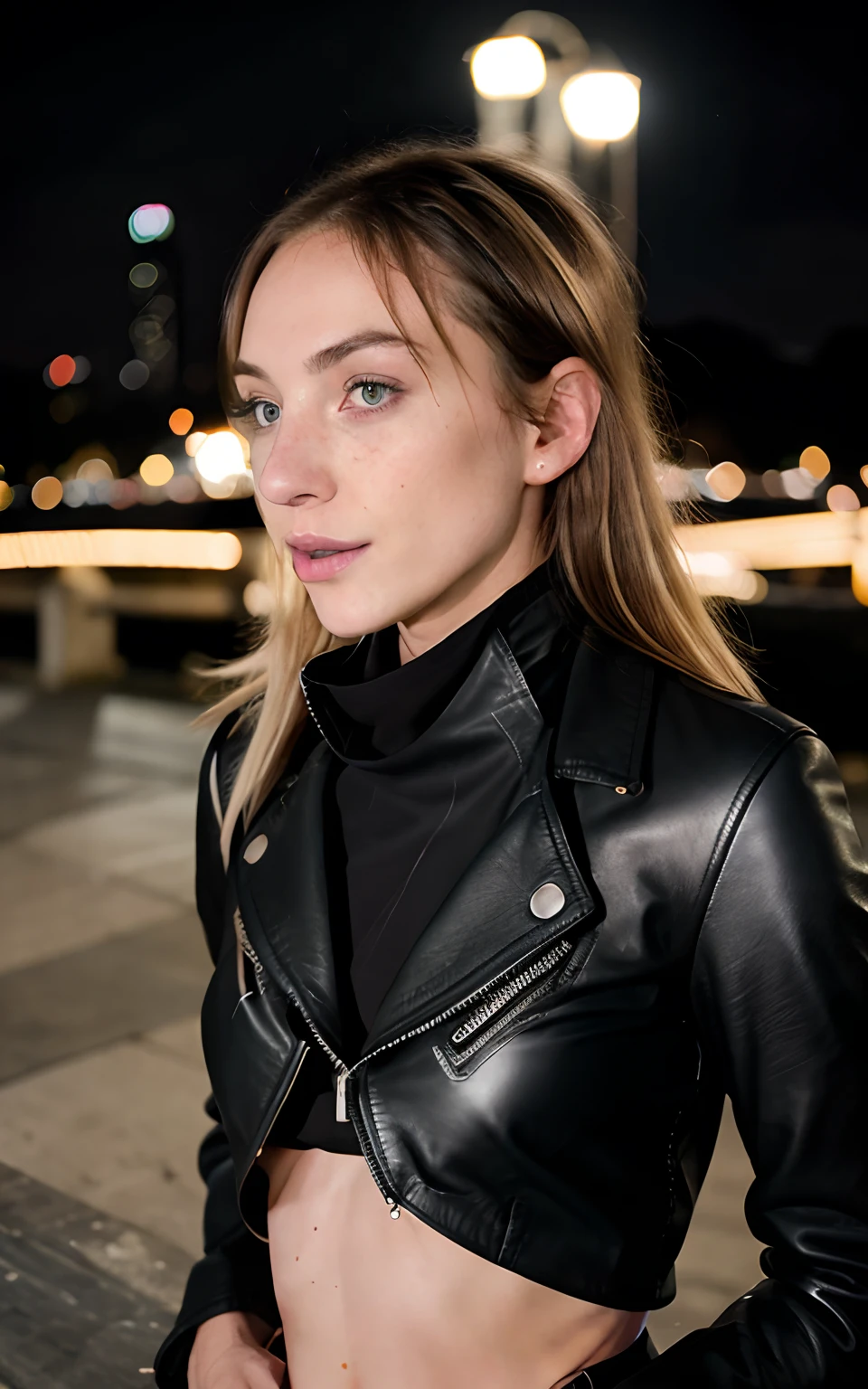 1girl, (Italian blonde, 22 years old),  pale skin, freckles, (thin nose bridge:1.4), (downward nose:1.8), Sharp jawline, green eyes, photorealistic, best quality, hyper detailed, (beautiful woman), (focus on face and upper body, looking at camera), (closeup), (wearing black leather jacket:1.2), outdoors, (night cityscape), analog style, looking at viewer, skin texture, film grain, ultra high res, best shadow, RAW, instagram LUT