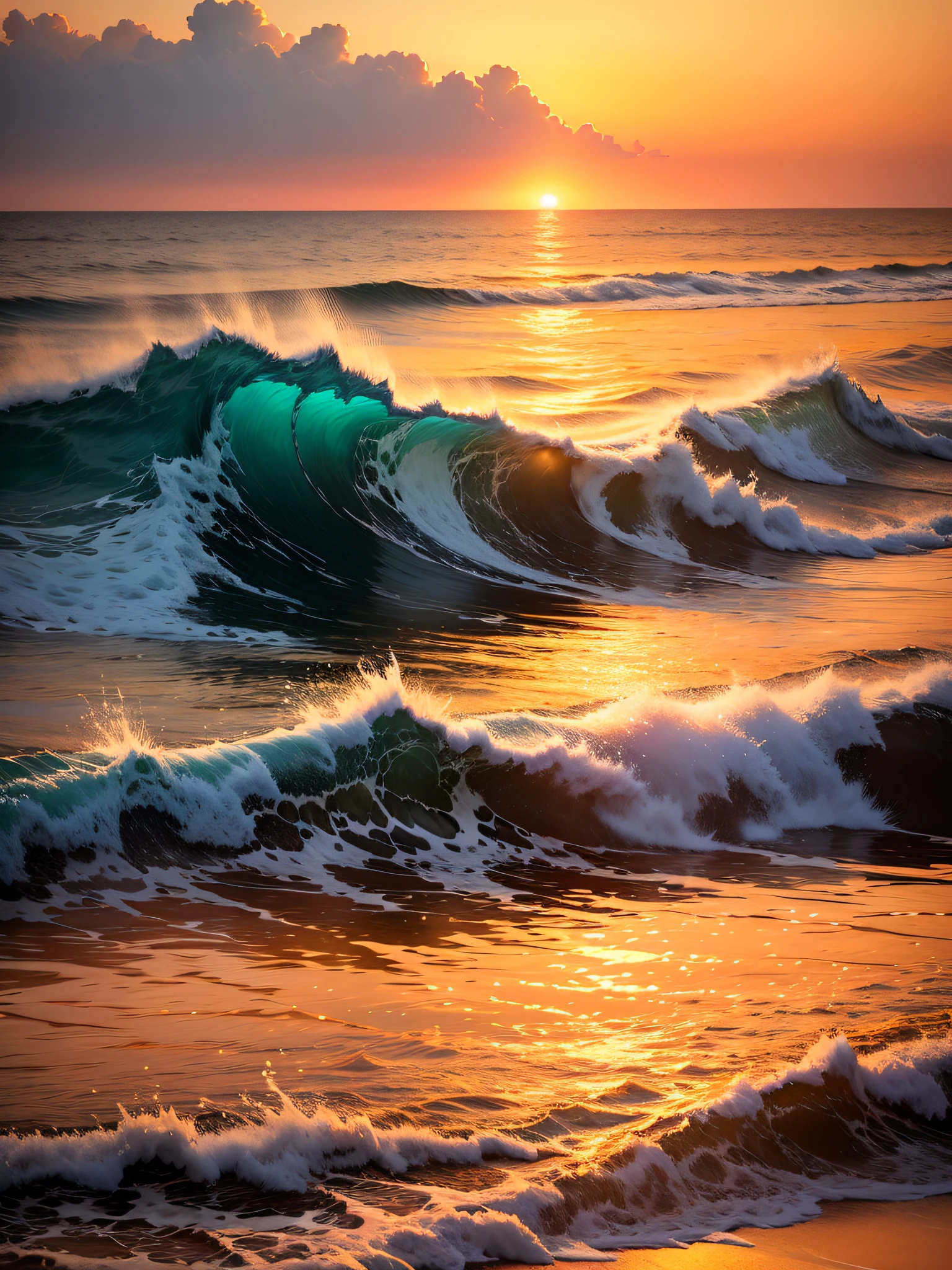 夏天，the sea，Skysky，（the sunset），Single orange-yellow tone，high saturated，Low brightness，film stock photograph，professional photoshooting，wide wide shot，high-angle view，High- sharpness,