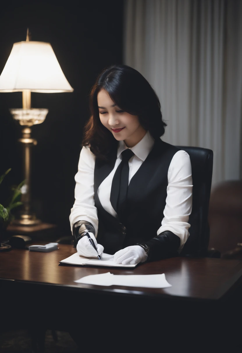 Wearing black leather gloves in both hands, upper body, black business suit, facing the desk in the modern study in the dark, looking down, smiling, writing a letter using a fountain pen, long, straight black hair, young and cute face Japanese female new employee (black leather gloves cover both hands)