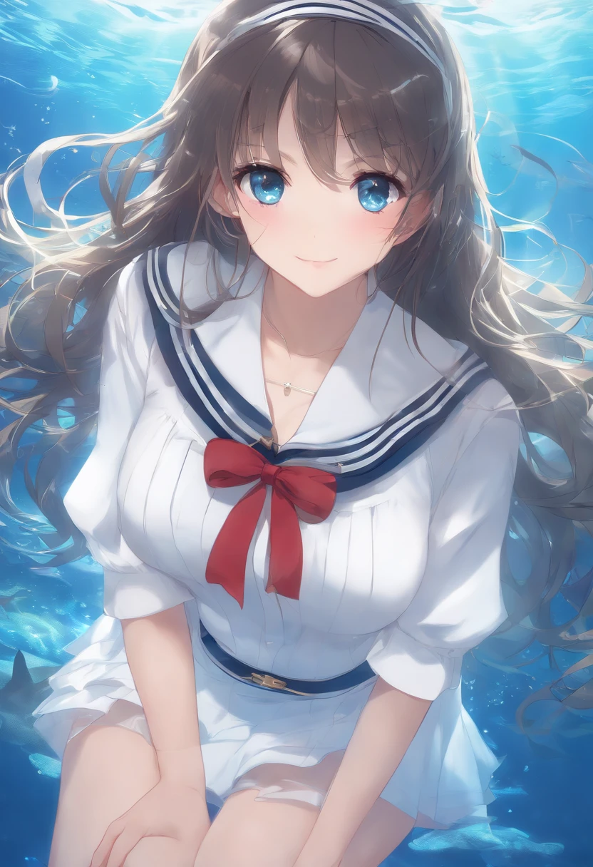 (See-through:1.3),white serafuku,Sailor dress, White theme,school uniform, Sailor suit, view the viewer,  insanity, Messy long hair, Beautiful detailed eyes,hair glowing,Dramatic angle,Blue sailor collar, lively breasts,Light smile,partial underwater shot...