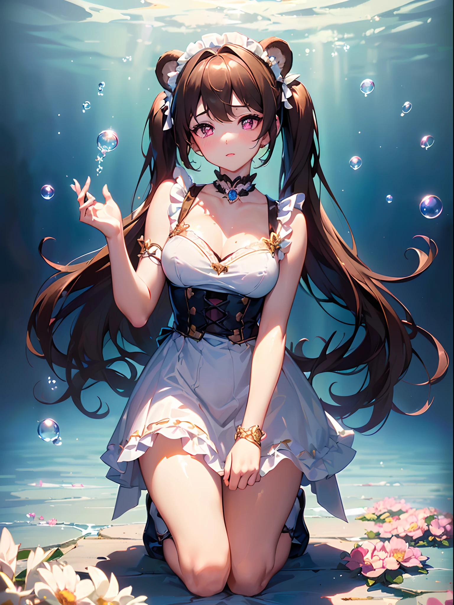 ((brown haired deity,middle hair,side bangs,light brown hair,bear ears)),(Glowing eyes:1.233), diffused reflections, high key, Majestic,Blushing,milf,mature face,a mature girl,refinement,charisma,polished,chic,elegant,graceful,posh,)(Beautiful and detailed eyes:1.3),(((1lady,Solo,tsundere,maid,)))(Masterpiece,Best quality, offcial art, Beautiful and aesthetic:1.2),(超高分辨率,Golden ratio), (4K),(looking from above),(((((kneeling,))))), (((colourful Planet,bubbles,full bloom,Glowing light),Cinematic lighting,Natural lighting,RTX ON,Ray tracing,The greatest optical visual painting)),(Photo mapping, Physically-based rendering,automatic white balance),Amazing,Sharp focus,(((sky blue maid dress,)), (((highdetailskin,)))Dynamic lighting,intricate outfits,Watery eyes,(masterpiece sidelighting),(An extremely graceful milf,The sheen),[[Delicate fingers and hands:0.6]::0.85],(Detail fingers),((((Break,design an image with fisheye lens effect, capturing a wide field of view with a distinctive, curved perspective.Break,)))Superior photographic quality,((extremely_Detailed_Eyes_and_face)),(Disheveled hair),Movie lady,Brilliant,Drifting nebula, Glossy,Striking contrast,High saturation