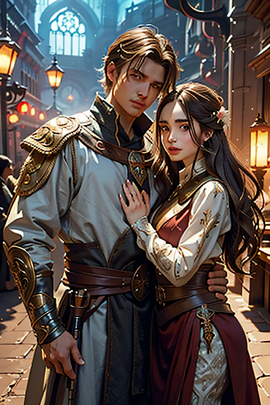 Two people 1 Nils Visser is a prince with blonde hair, Dressed in medieval military uniform，Fell in love with Civilian 2 Lily Collins, Who has curly black hair，in a red dress, the two kiss very affectionately, Illustration of romance book cover，A detailed, smooth, Bright background full of flowers, art by Greg Hildebrandt, Citemer Liu, Stjepan Sejic, Samyang, aykut aydogdu, Justin Gerard, Alphonse Mucha, Art germ, Phlegm sputum, phlegm, and greg rutkowski