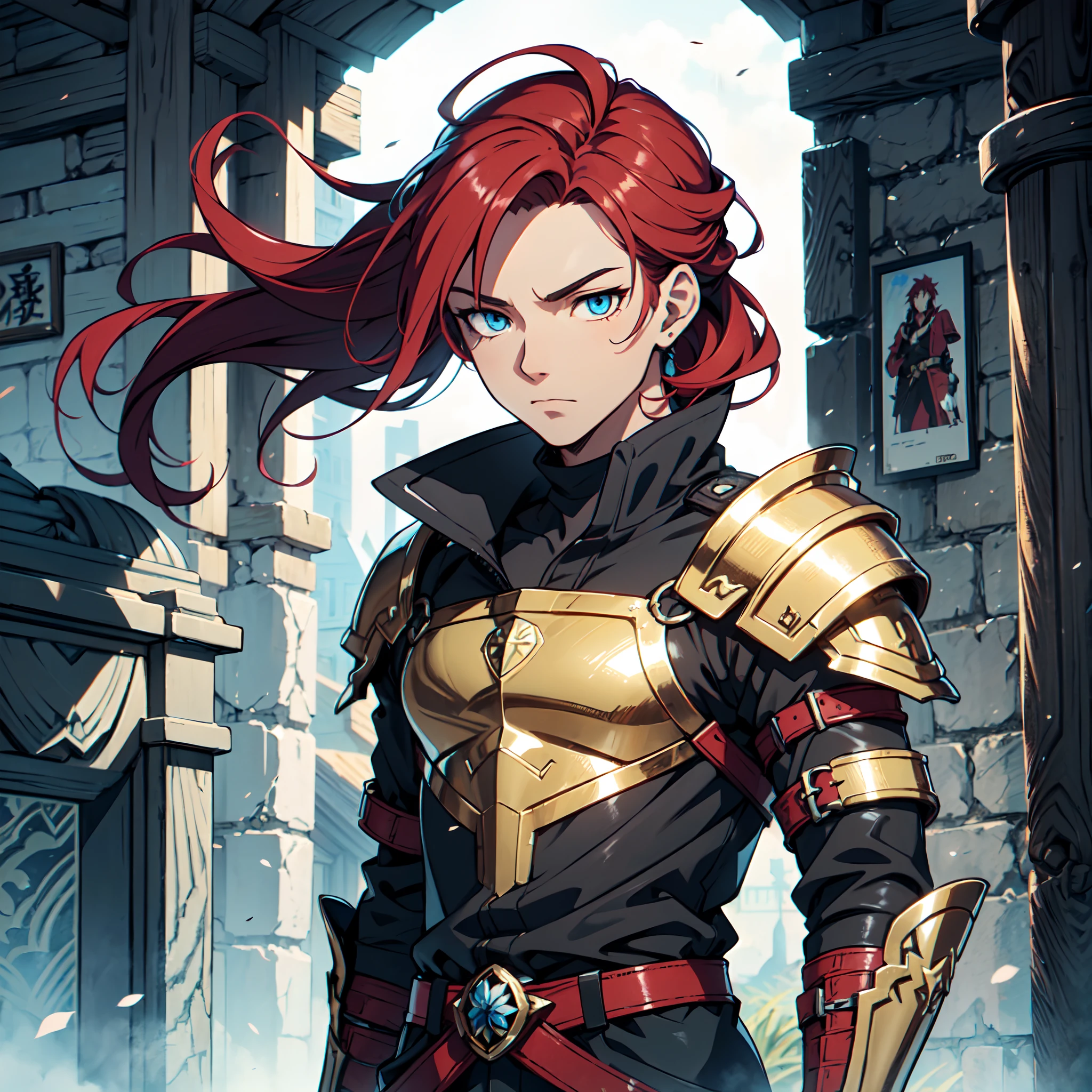 Ultra High Definition, Ultra High Quality, Extremely Detailed, Perfectly Detailed, Masterpiece, 8k, 1 Boy, Look A Like Xin From Kingdom Anime, Handsome, Equipped With Black Paladin Armor, Solid Light Blue Eyes, Long Red Hair, Full Body Shot, Ancient Kingdom Background