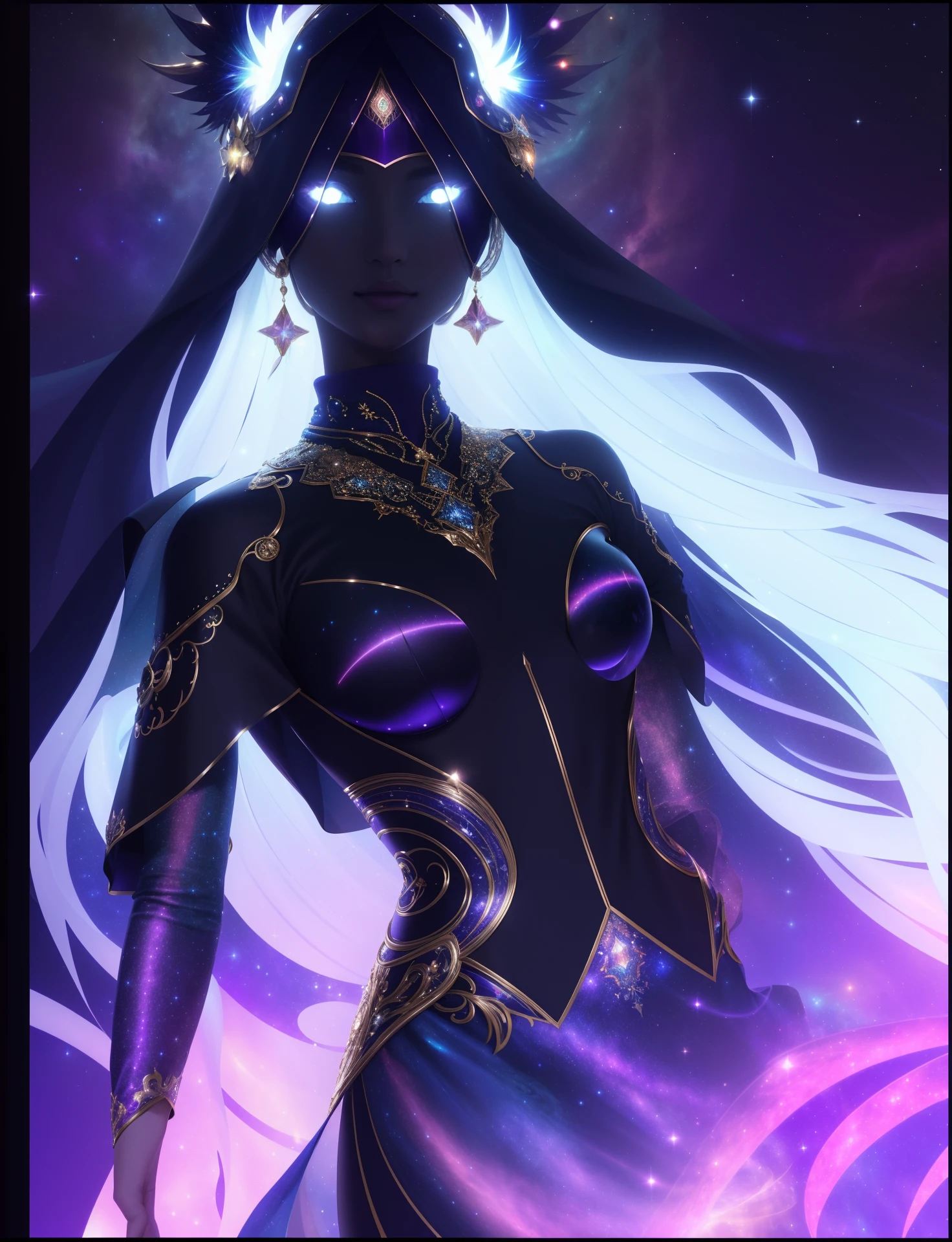 (best quality,4k,8k,highres,masterpiece:1.2),ultra-detailed,(realistic,photorealistic,photo-realistic:1.37),dark cosmic clothes,fantasy clothes,extravagant clothing,sparkling details,shimmering fabric,textured patterns,ornamental designs,elaborate embroidery,majestic cape flowing,celestial motifs,enigmatic symbols,futuristic accessories,luminous accents,embellished headpiece,captivating ensemble,magical aura,ethereal glow,mysterious background,cosmic lighting,vibrant colors,holographic effects,interstellar fashion,ultra-modern style,powerful presence,otherworldly beauty