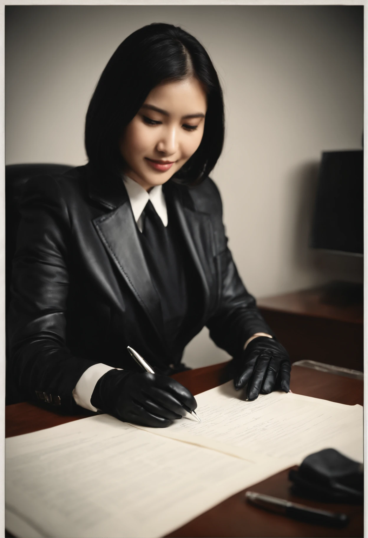 Wearing black leather gloves in both hands, upper body, black business suit, facing the desk in the modern study in the dark, looking down, smiling, writing a letter using a fountain pen, long, straight black hair, young and cute face Japanese female new employee (black leather gloves cover both hands)