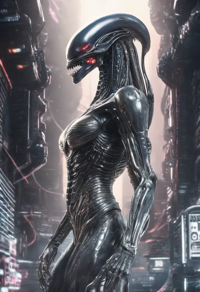 Xenomorph,full bodyesbian,Silver-white scaly armor,high - tech,laser