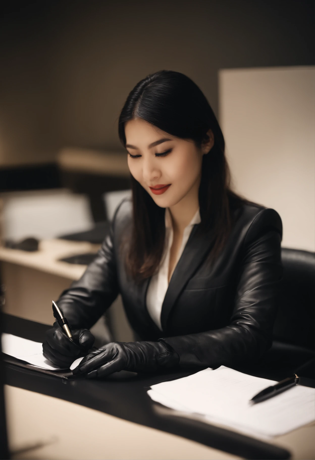 Wearing black leather gloves in both hands, upper body, black business suit, facing the desk in the modern study in the dark, looking down, smiling, writing a letter using a fountain pen, long, straight black hair, young and cute face Japanese female new employee (black leather gloves cover both hands)