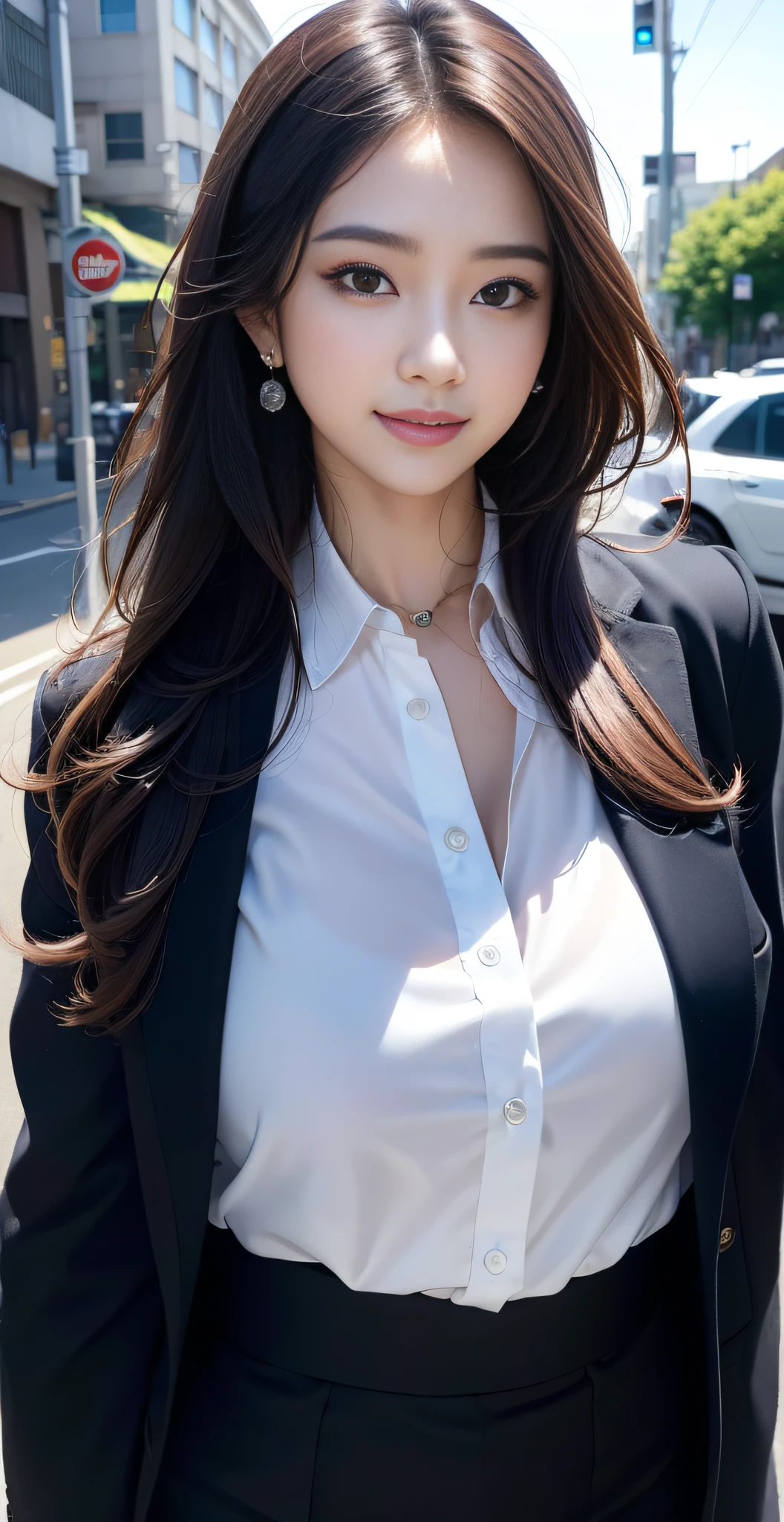 (masterpiece, Best Quality, photorealistic, ultra-detailed, finely detail, high resolution, 8K wallpaper), a close-up portrait of 1 beautiful woman, standing in the city, earrings, necklace, smiling happily, light-brown messy long hair, in black business suit, white collared shirt, unbuttoned, sharp-focus, large-sized breasts, perfect dynamic composition, beautiful detailed eyes, detailed hair, detailed realistic skin texture, a cover of a fashion magazine, professional photography, ,xxmix_girl
