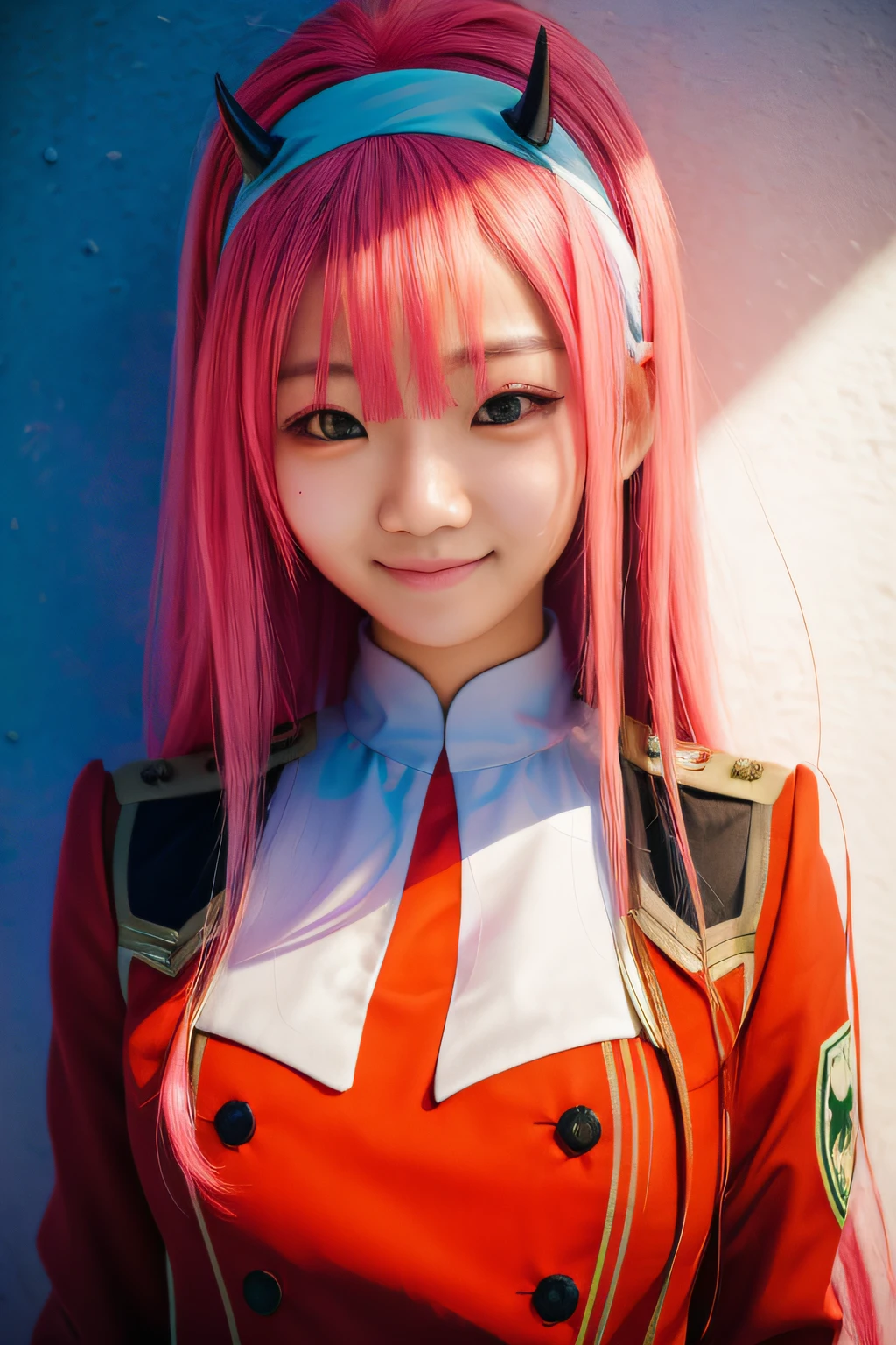asian girl with pink hair smiling and green eyes in a red uniform with small red devil horns on her head band, ultra realistic, high quality, detailed face,
