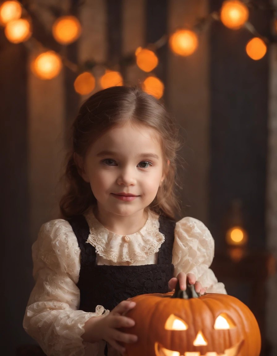  girl dressed in retro style with jack o'lantern behind her, background lights, bokeh style, half long shot, high quality photo,,(upper body)