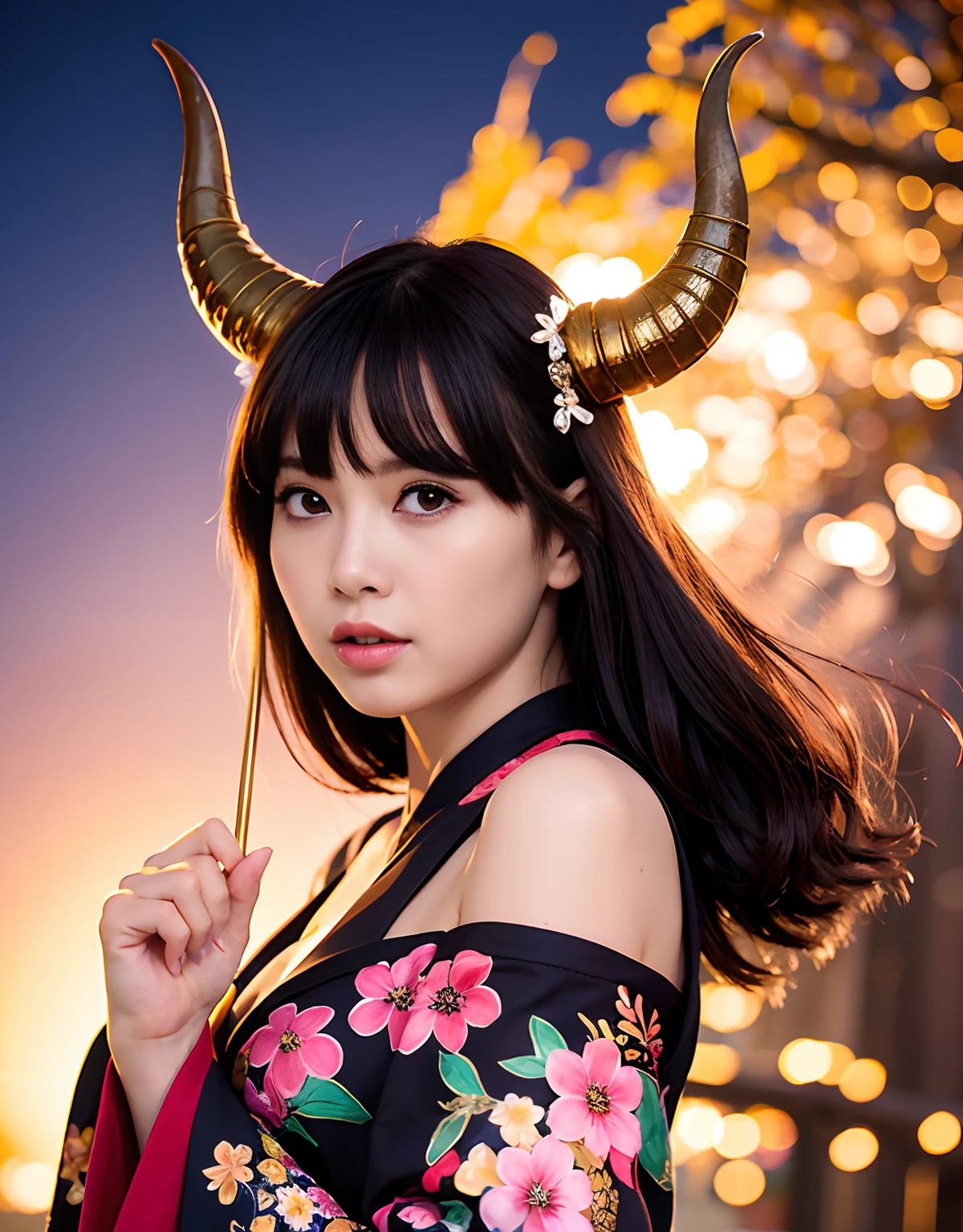 ((Dark world)),Professional , masterpiece、highest quality、Photo Real , Depth of written boundary 、(Sexy pose)、(A black maple tree in full bloom),(Ultimate beauty)、Black-haired、Mystical Expressions、(Shrine Background)、(Beautifully patterned kimono)、(Night Background)、Beautiful hair ornament on the head、,(Intense Combat),((Steep cliffs)),(Wear a beautiful kimono),(Wear a beautiful kimono with colorful floral patterns)、(日本のCastle Background)、Jewel Gold Weapon、Particles of light),(Intense Combat)、Gorgeous gold weapons ,Castle Background、(( Gorgeous Dragon Sword)) , (Dark Night),,(maikurobikini) 、((Black-haired美しい少女))、(Castle Background)、(Devil's Wings)、((Gangl Forest Background))、美しい白people美people、1people、Dynamic Angle,(((Two devil horns on the head)))、Small head、Idol Smile、A convenient way to express slim and beautiful women、Light effects、Intense Combat、Wind effectagic circle、With the legendary magic wand、dragon tail、Camel Toe、Giant tit、Earrings、necklace、Bracelet、Caster wheel、first round、Plump、Super big breasts、Ahoge、Slut、Cleavage,Mole on chest、transformation、Odd Eye、Molester、Plump、Super big breasts、Super big butt