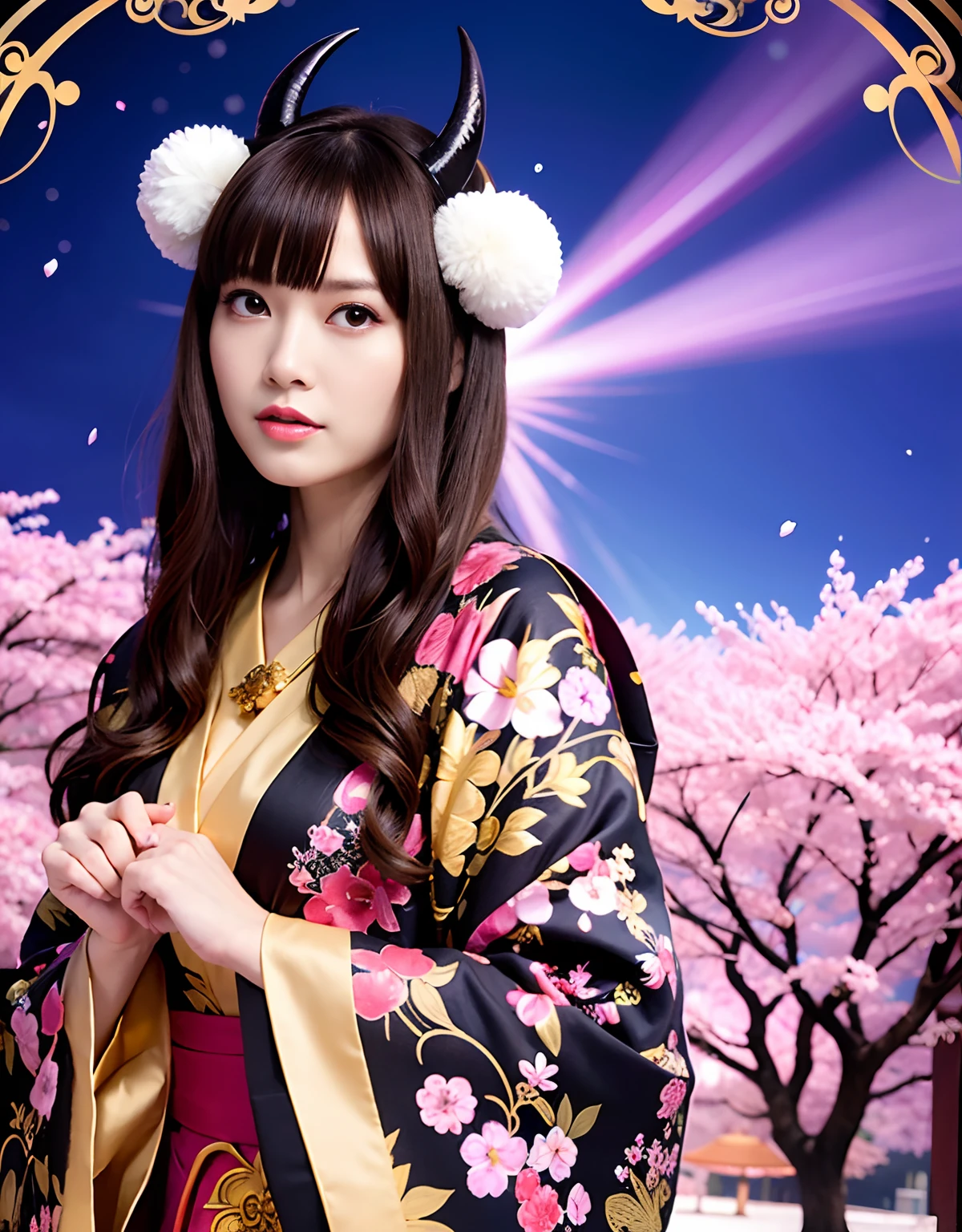 ((World of Darkness)),Professional , ​masterpiece、top-quality、photos realistic , depth of fields 、（sexypose）、(Background of cherry blossoms in full bloom),（Ultimate Beauty）、A dark-haired、（White bikini armor)、（Kimono with beautiful pattern）、（Night background）、（（a dark night））,(Wear a beautiful kimono),（Wear a beautiful kimono with colorful floral patterns）、Jewel Gold Weapon、Particles of light),（Has a devil's mask）、Gorgeous gold weapons ,（（ Gorgeous Dragon Sword）） , （a dark night）,,（maikurobikini） 、（（Black Haired Beautiful Girl））、（Castle background）、（demonic wings）、（（Gangle's forest background））、Beautiful Caucasian beauty、１a person、dynamic ungle,(((Two devil's horns on the head)))、Smaller head、Idle Smile、Thin and beautiful female hands、Mystical expression、Light Effects、intense fighting、Wind-effect、magic circles、With the legendary magic wand、Dragon's tail、
