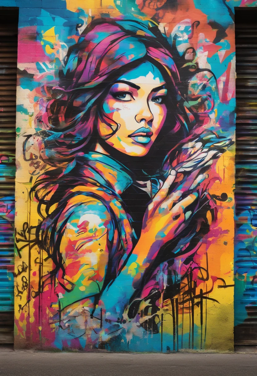 (girl and dragons),(The girl and the dragon have their noses stuck together),(Eyes closed),(In vibrant street graffiti art),(In a photorealistic style),(Capture in high resolution with sharp focus),(Under dramatic studio lighting),(Highlighted with bright, Bold colors),(Show the energy and intensity of a scene),(With a dark and bold color palette),(Illuminated by a dramatic spotlight),(Surrounded by a chaotic urban environment),(Dynamic graffiti and colorful tags on the wall),(Enhanced with subtle bokeh effects),(View spray paint mixtures, marker, and Estensis),(A sense of rebellion and the creation of an underground city culture),(Against the background of sand texture and grunge elements),(Raw subject々Emphasize the powerful nature).