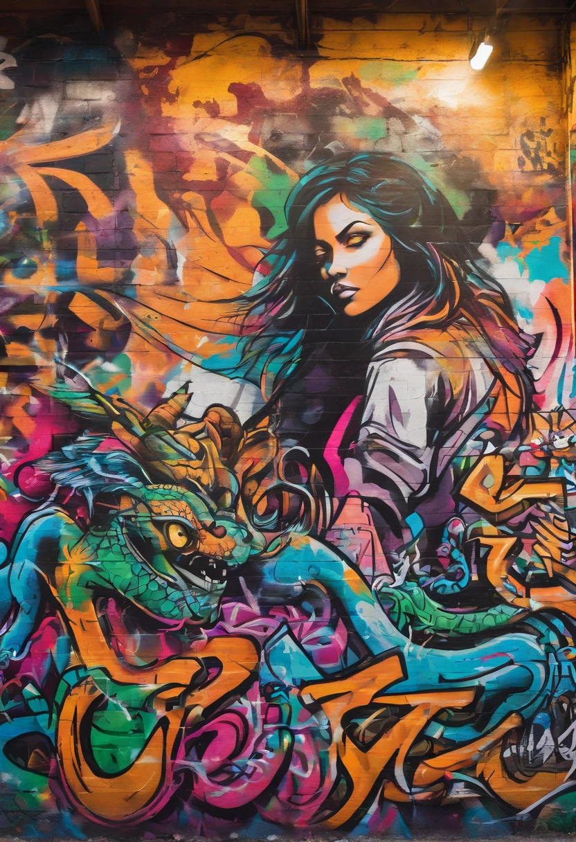 (girl and dragons),(The girl and the dragon have their noses stuck together),(Eyes closed),(In vibrant street graffiti art),(In a photorealistic style),(Capture in high resolution with sharp focus),(Under dramatic studio lighting),(Highlighted with bright, Bold colors),(Show the energy and intensity of a scene),(With a dark and bold color palette),(Illuminated by a dramatic spotlight),(Surrounded by a chaotic urban environment),(Dynamic graffiti and colorful tags on the wall),(Enhanced with subtle bokeh effects),(View spray paint mixtures, marker, and Estensis),(A sense of rebellion and the creation of an underground city culture),(Against the background of sand texture and grunge elements),(Raw subject々Emphasize the powerful nature).