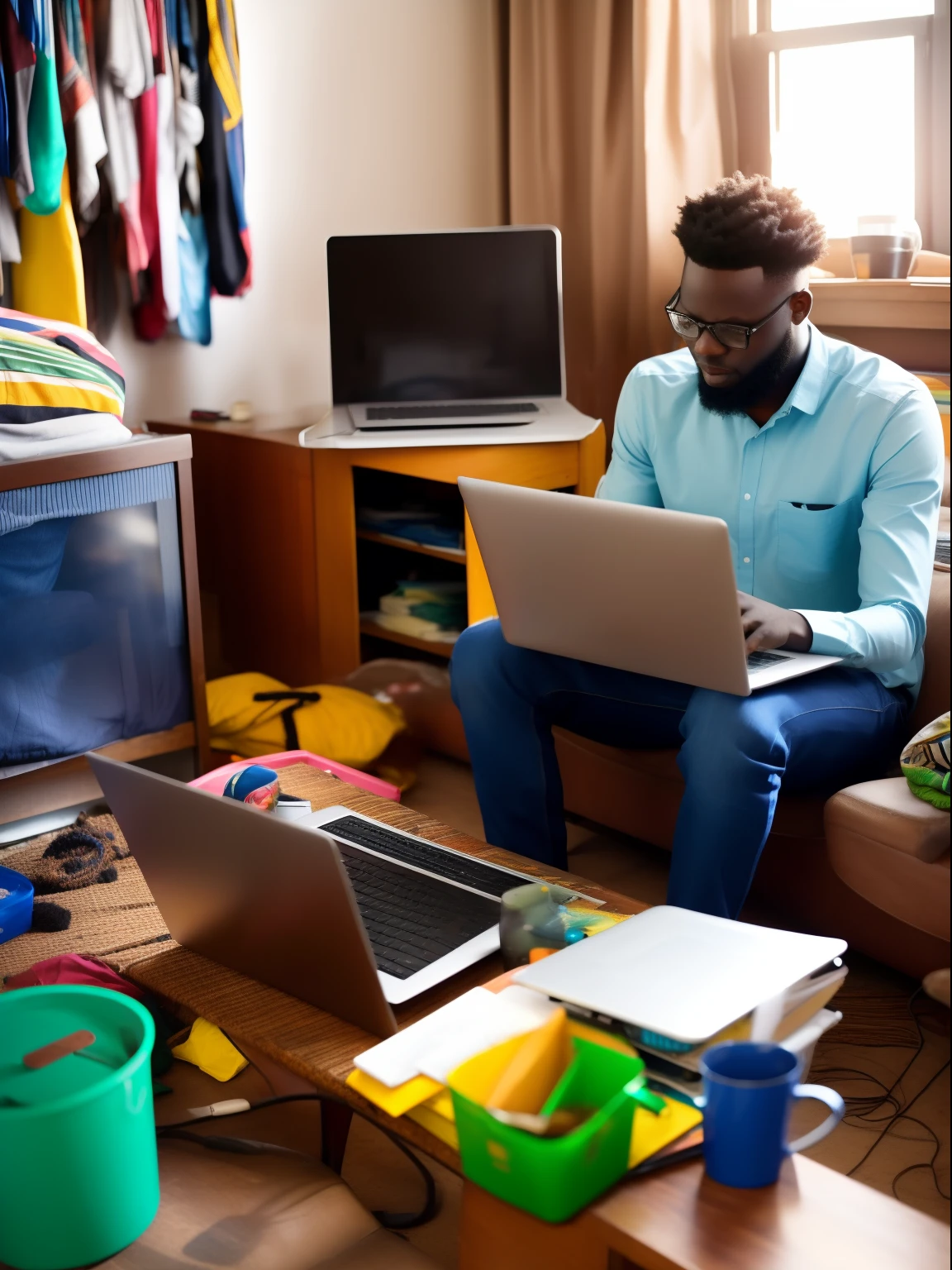 african man seated afront his laptop in his messy room